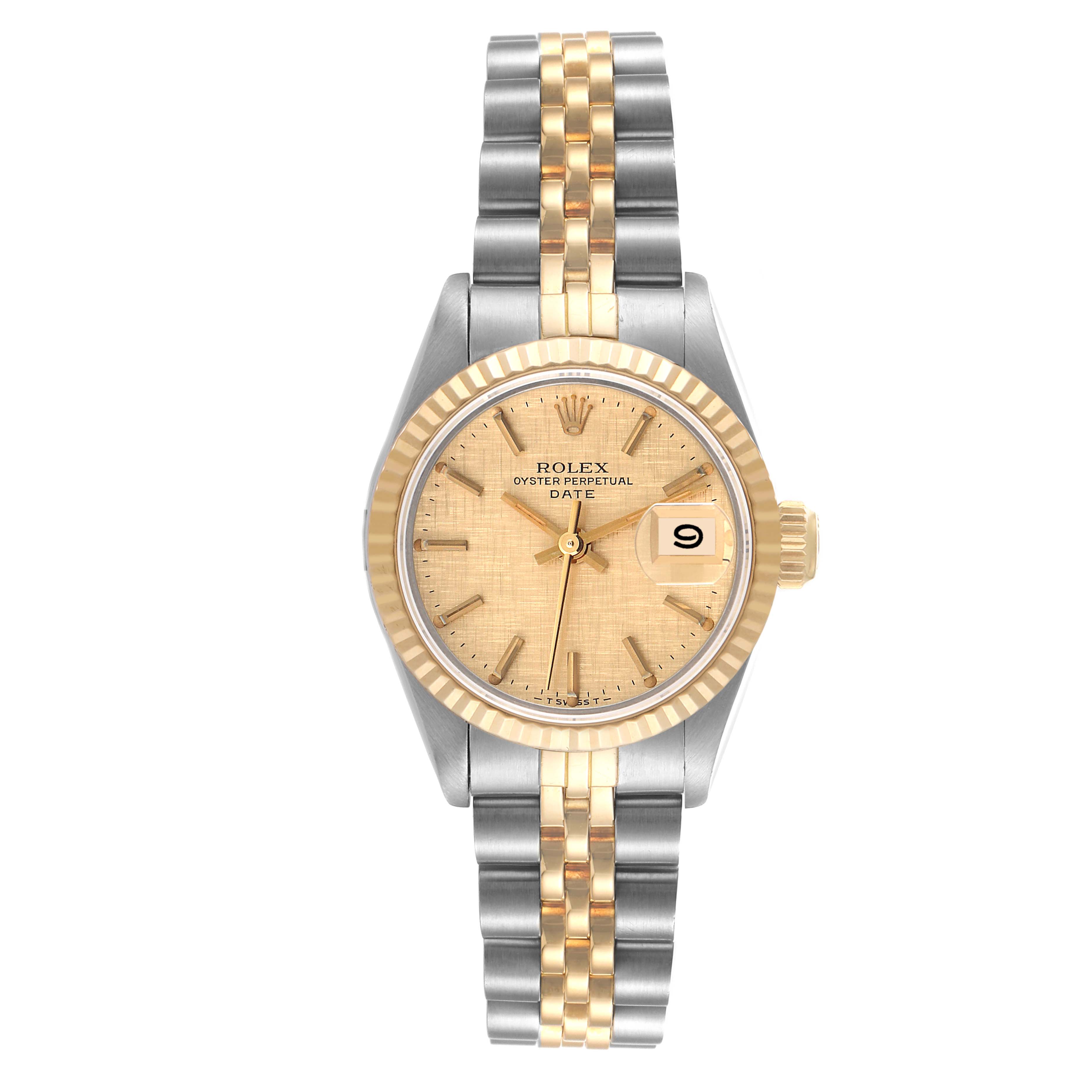 This image shows a Rolex Datejust 69173 Women's Steel and Gold (two tone) Champagne Dial 69173 Women's Steel and Gold (two tone) Champagne Dial watch, featuring a two-tone bracelet, gold bezel, and champagne dial with date display at 3 o'clock.