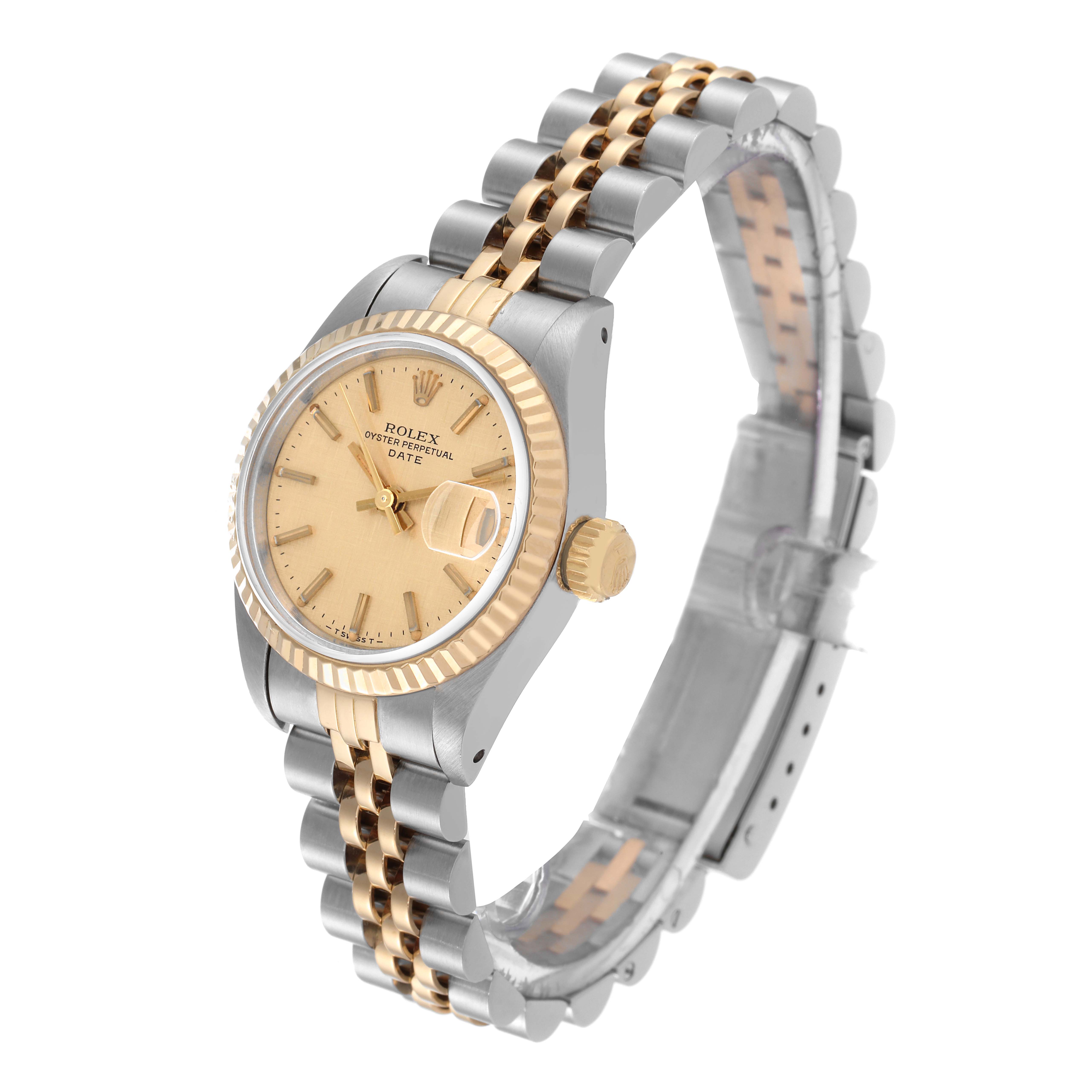 The image shows a Rolex Datejust 69173 Women's Steel and Gold (two tone) Champagne Dial 69173 Women's Steel and Gold (two tone) Champagne Dial watch at an angle showcasing its dial, bezel, crown, and two-tone bracelet.