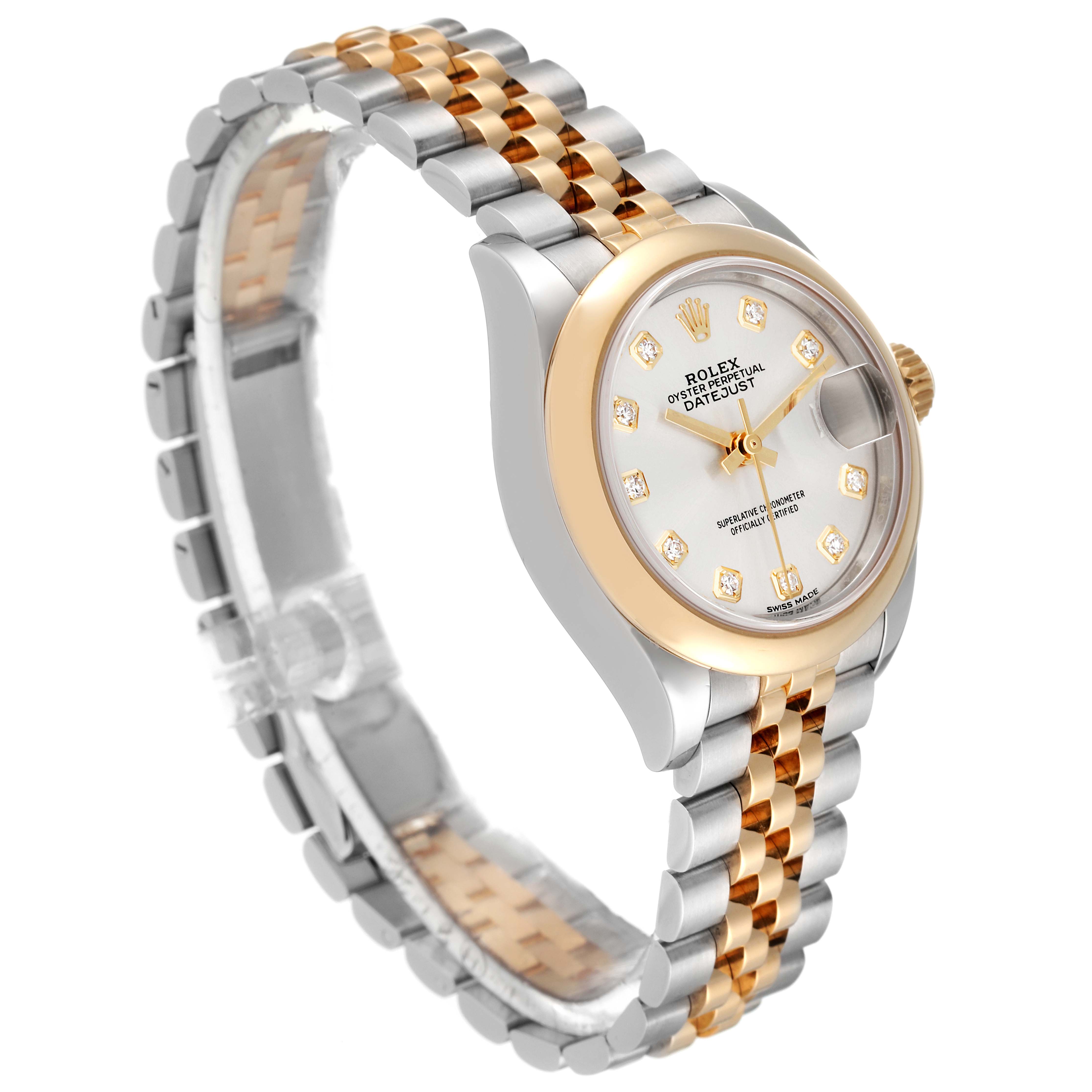 The Rolex Datejust 279163 Women's Steel and Gold (two tone) Silver Dial 279163 Women's Steel and Gold (two tone) Silver Dial watch is shown at a three-quarter angle, highlighting the face, bezel, and two-tone bracelet.