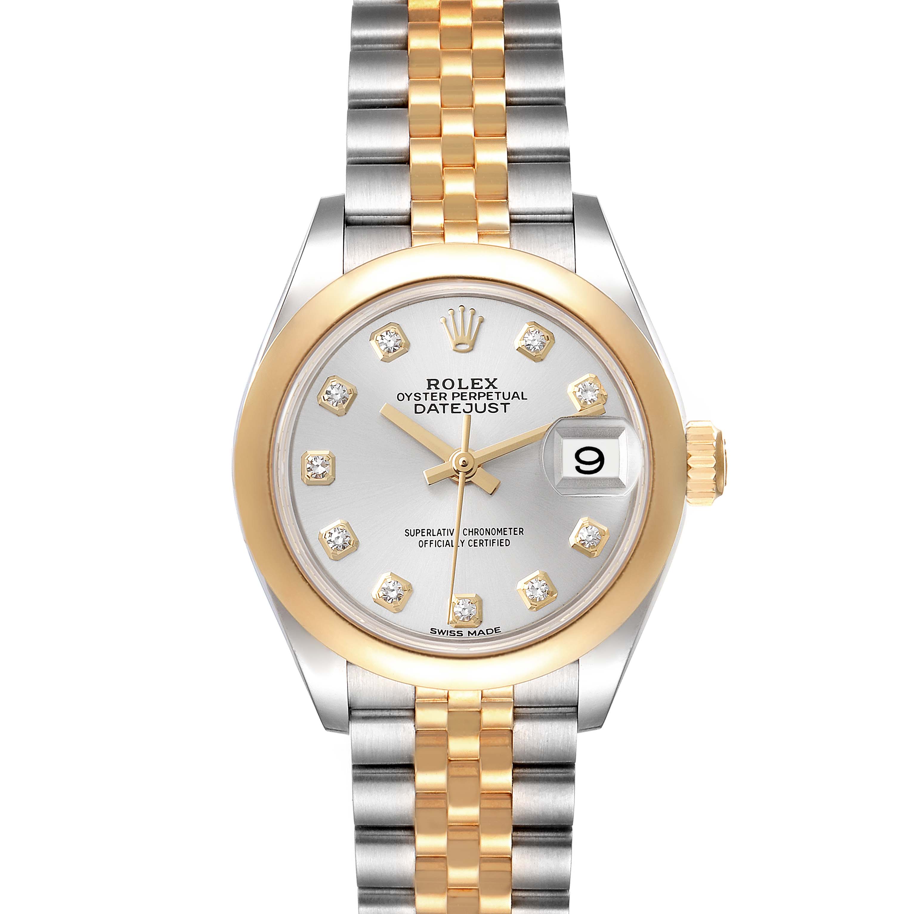 The Rolex Datejust 279163 Women's Steel and Gold (two tone) Silver Dial 279163 Women's Steel and Gold (two tone) Silver Dial watch is shown from the front, highlighting its dial, bezel, and bracelet.