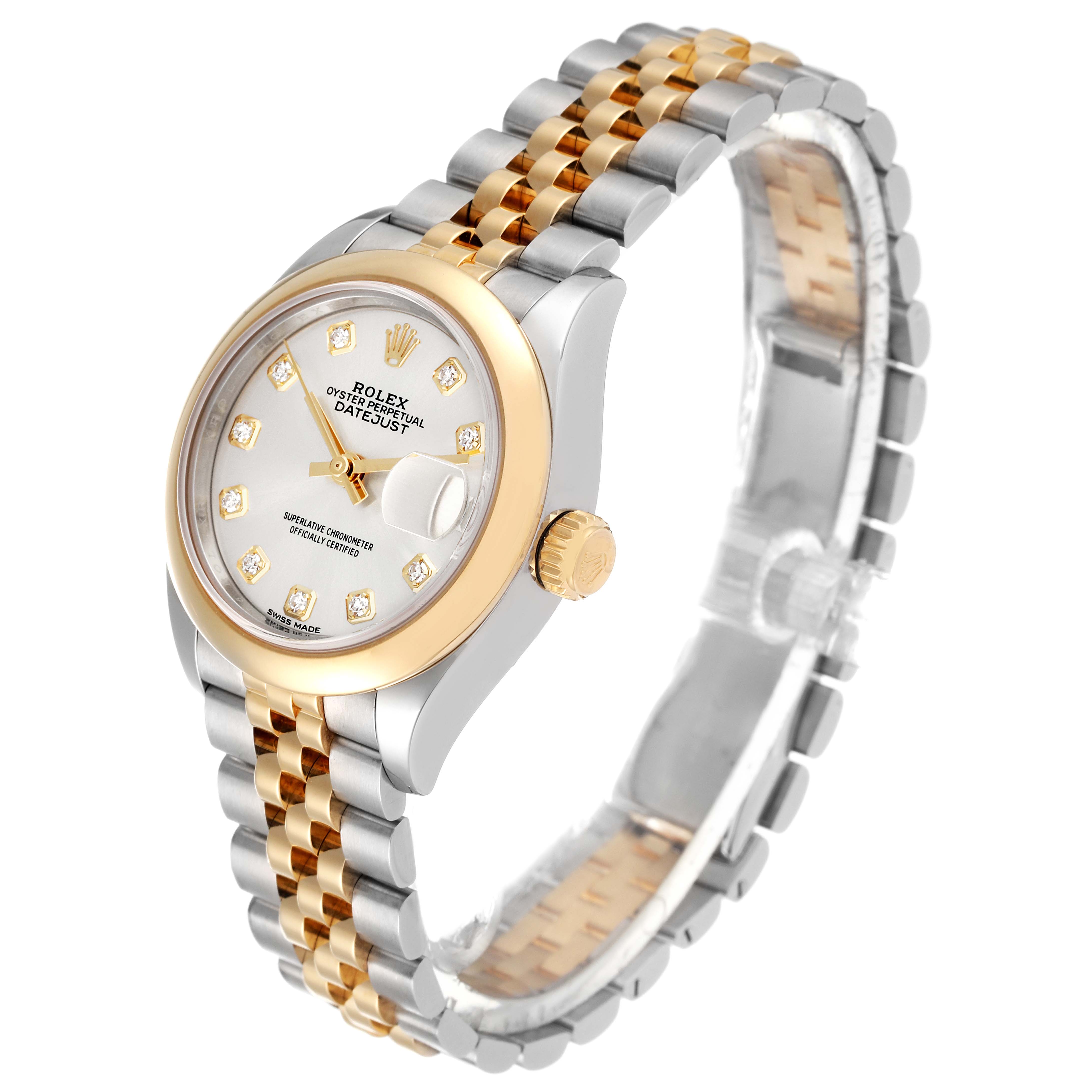 The Rolex Datejust 279163 Women's Steel and Gold (two tone) Silver Dial 279163 Women's Steel and Gold (two tone) Silver Dial watch is shown at an angle highlighting its face, bezel, crown, and Jubilee bracelet.