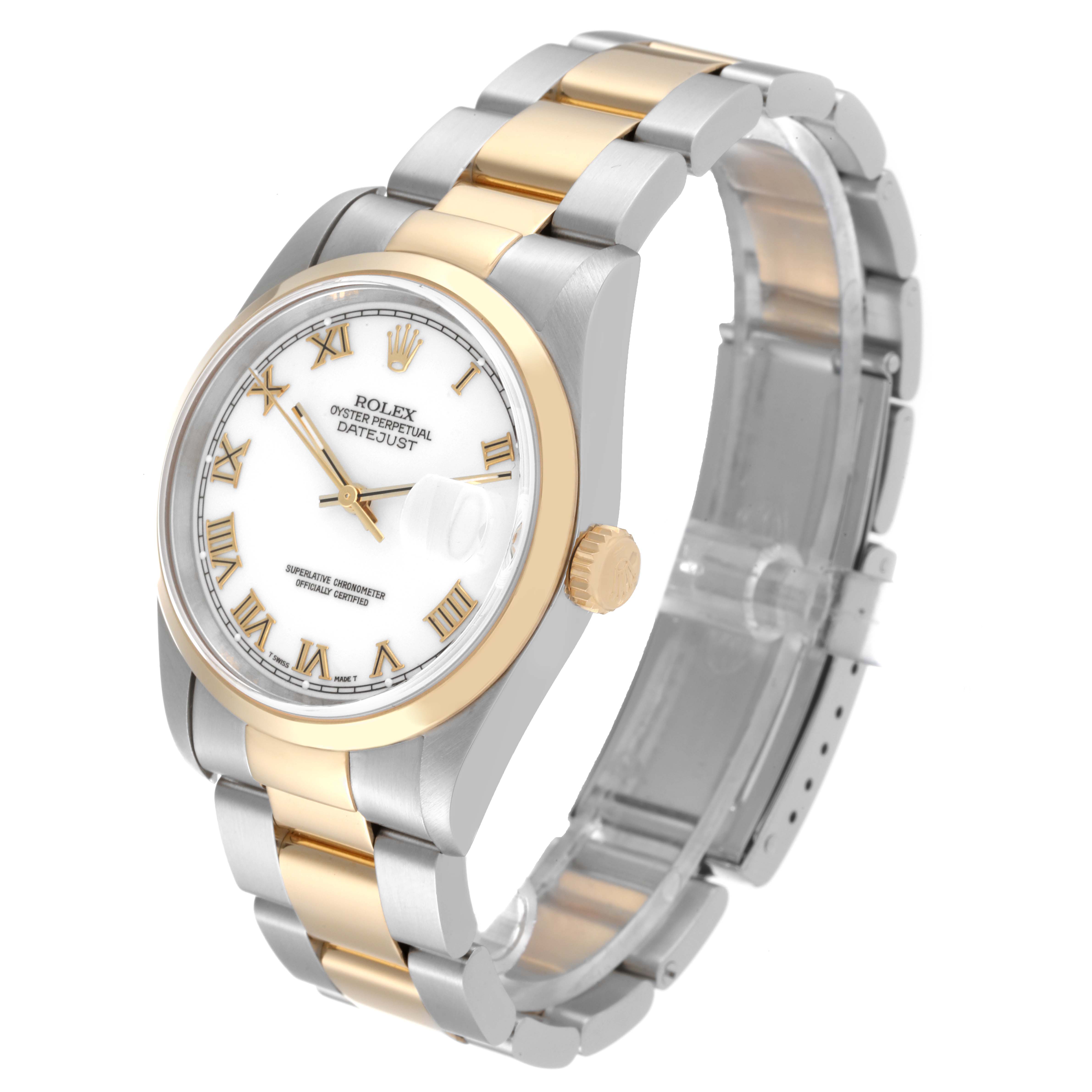 The Rolex Datejust 16203 Men's Steel and Gold (two tone) White Dial 16203 Men's Steel and Gold (two tone) White Dial watch is shown at a three-quarter angle, displaying the dial, bezel, crown, and part of the bracelet.