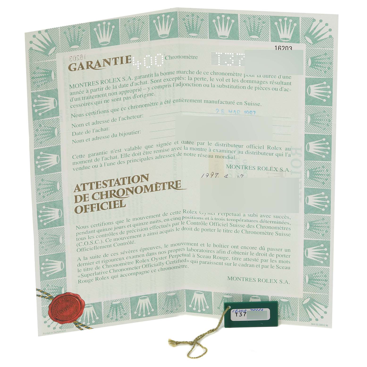 The image shows a Rolex Datejust 16203 Men's Steel and Gold (two tone) White Dial 16203 Men's Steel and Gold (two tone) White Dial warranty certificate with text and the iconic logo on a green border.