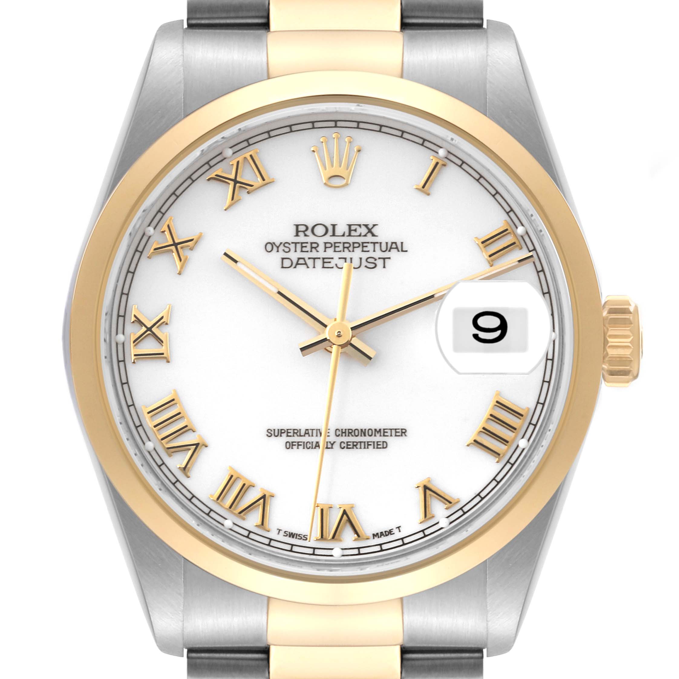 The Rolex Datejust 16203 Men's Steel and Gold (two tone) White Dial 16203 Men's Steel and Gold (two tone) White Dial watch is shown from a front angle, highlighting the face, bezel, crown, and part of the bracelet.