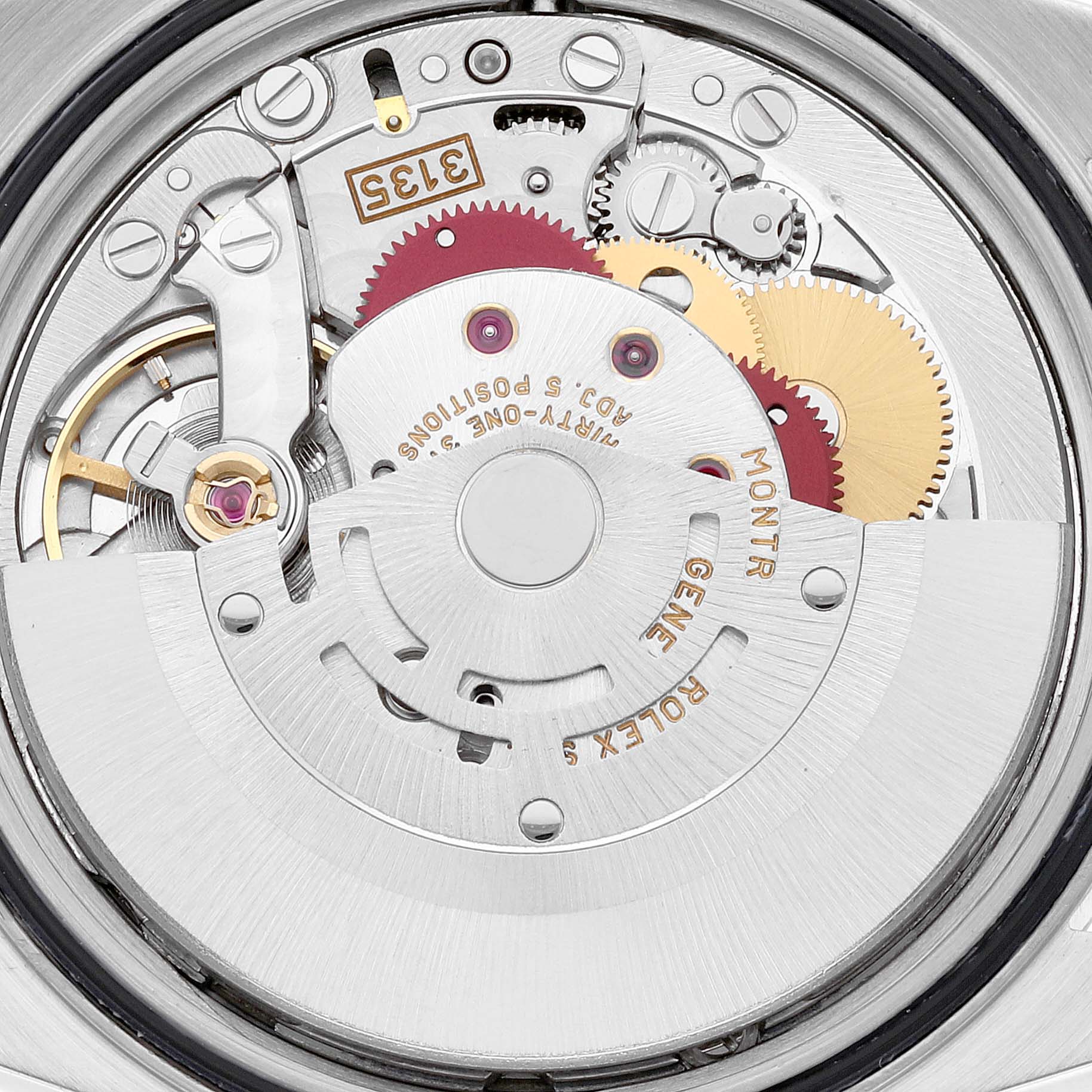 This image shows the mechanism of a Rolex Datejust 16203 Men's Steel and Gold (two tone) White Dial 16203 Men's Steel and Gold (two tone) White Dial, displaying gears, the rotor, and intricate movement parts from the back.