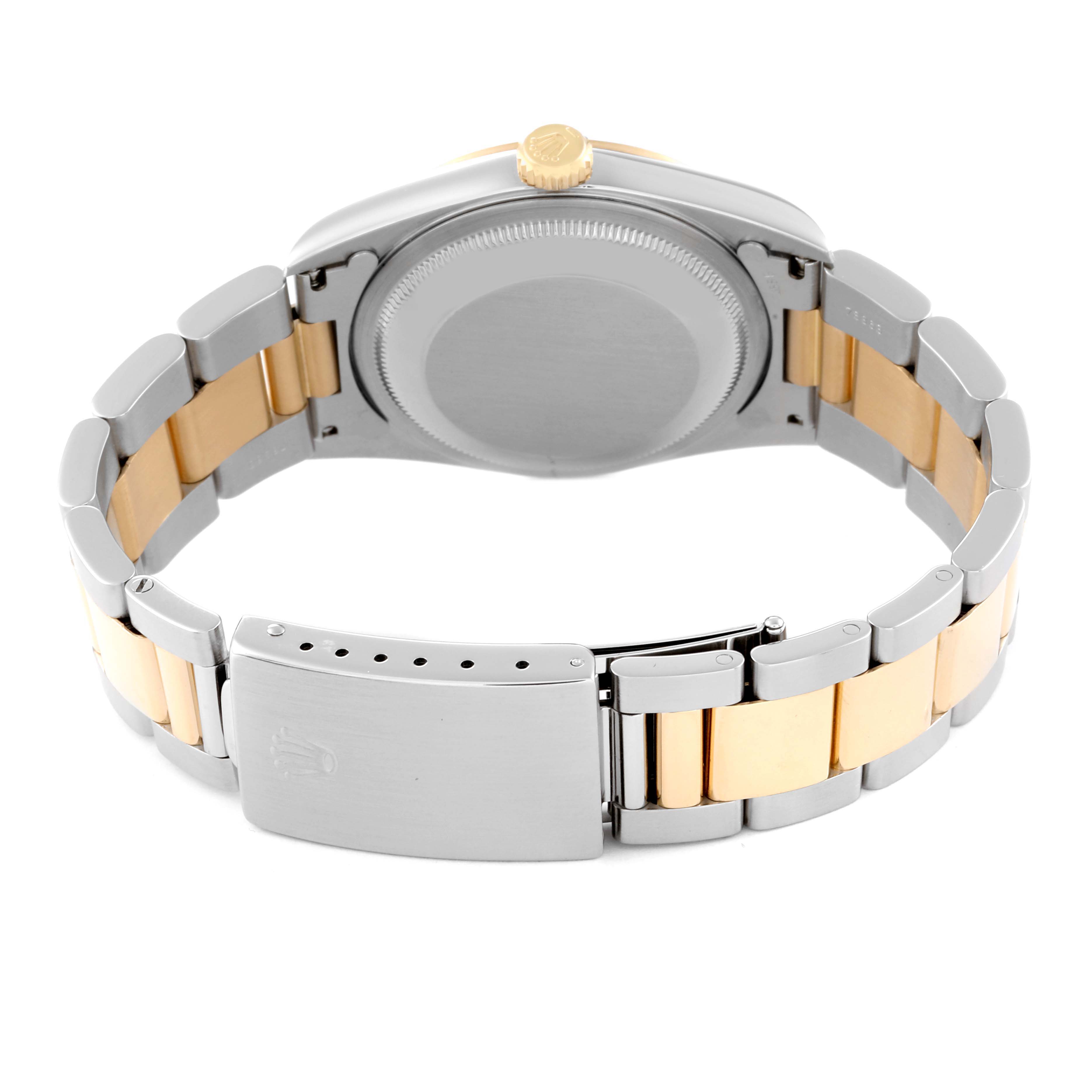 The image shows the back of a Rolex Datejust 16203 Men's Steel and Gold (two tone) White Dial 16203 Men's Steel and Gold (two tone) White Dial watch, highlighting the clasp and bracelet links in a two-tone design.