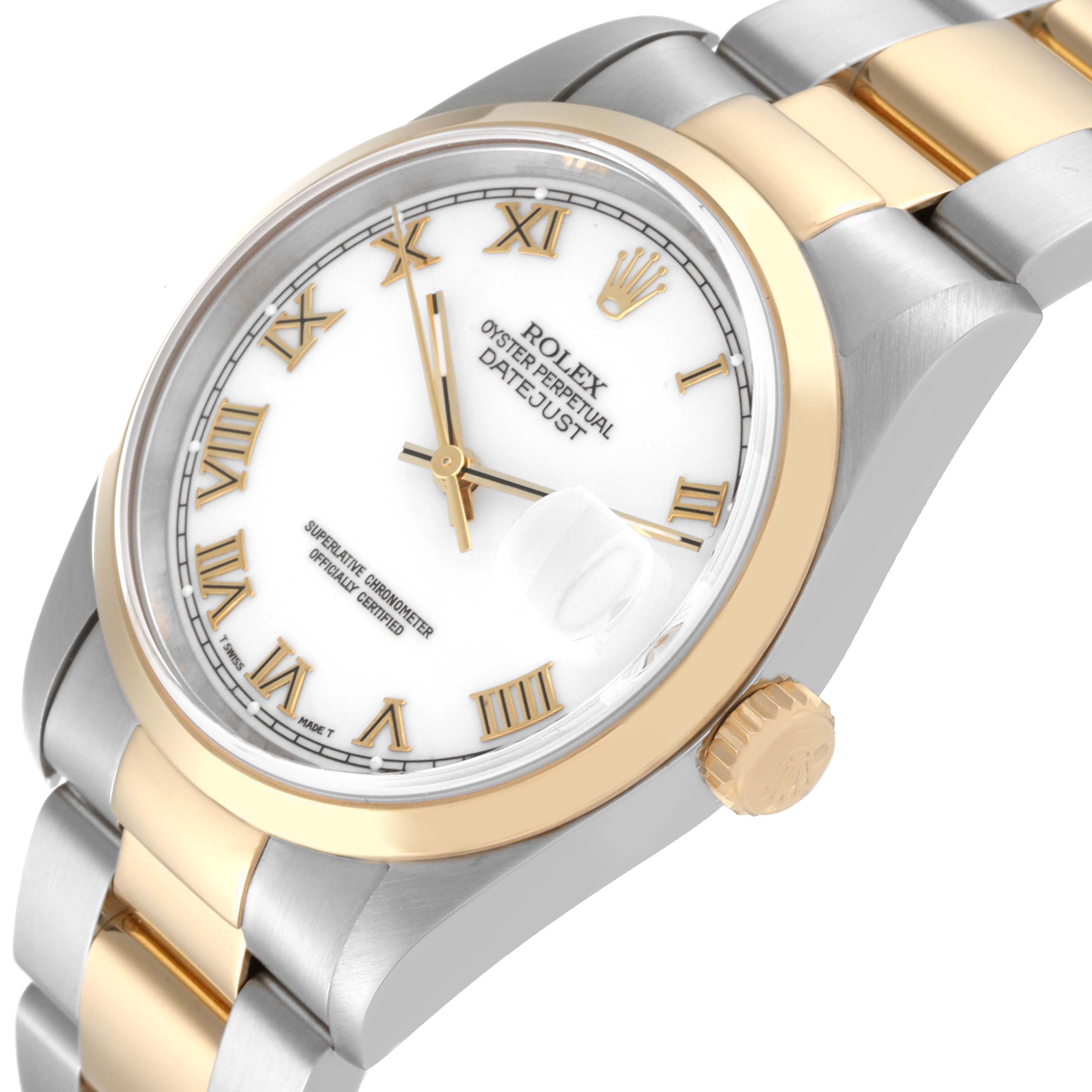 The Rolex Datejust 16203 Men's Steel and Gold (two tone) White Dial 16203 Men's Steel and Gold (two tone) White Dial is shown at a three-quarter angle, highlighting the face, crown, and bracelet.