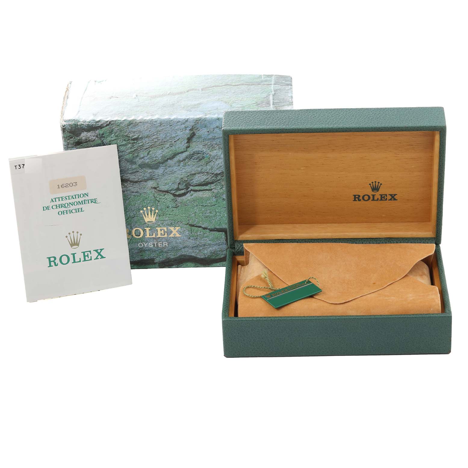 The image shows an open Rolex Datejust 16203 Men's Steel and Gold (two tone) White Dial 16203 Men's Steel and Gold (two tone) White Dial box, with a certificate booklet and outer packaging displayed from the front.