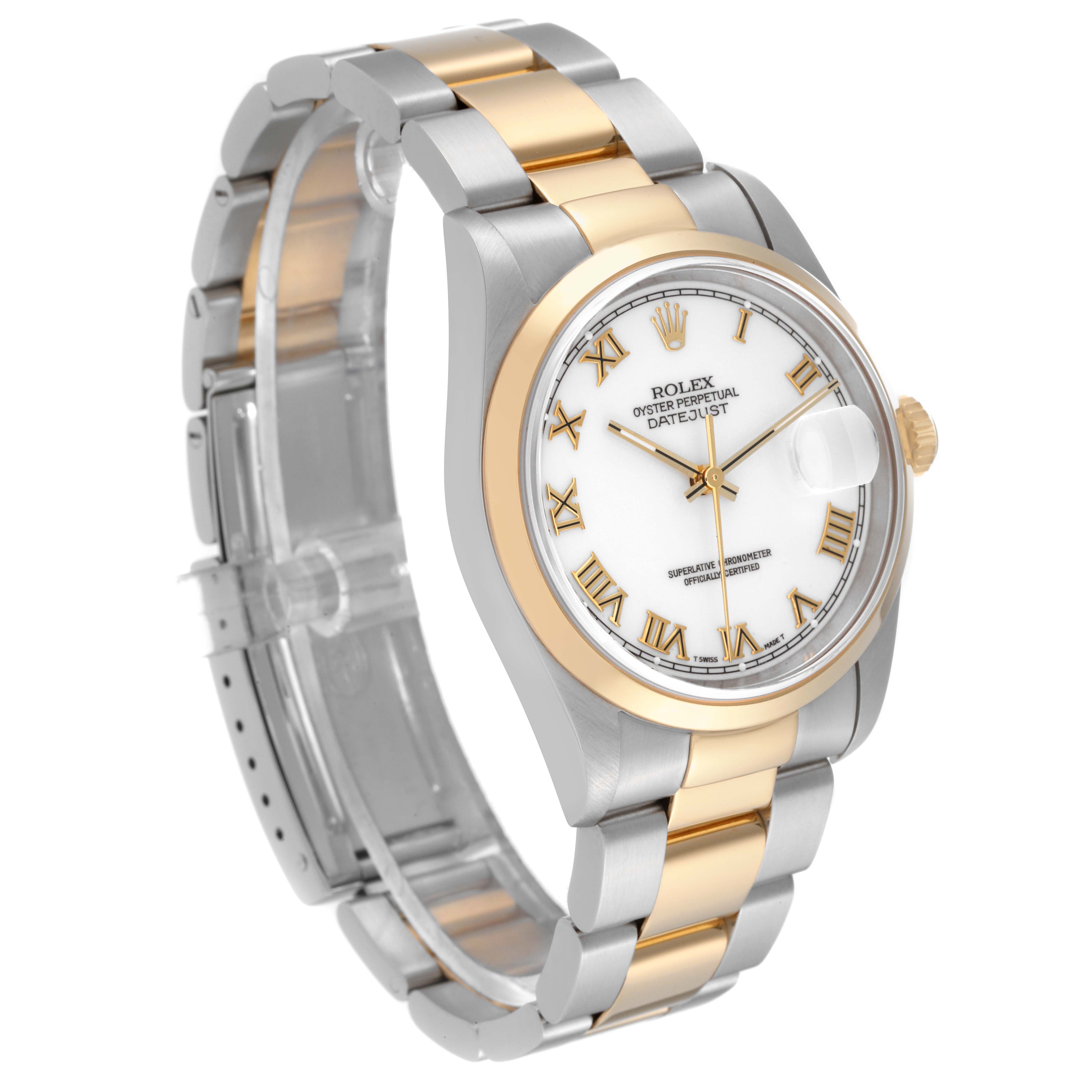 The Rolex Datejust 16203 Men's Steel and Gold (two tone) White Dial 16203 Men's Steel and Gold (two tone) White Dial watch is shown at a 3/4 angle, featuring the dial, bezel, case, and bracelet.