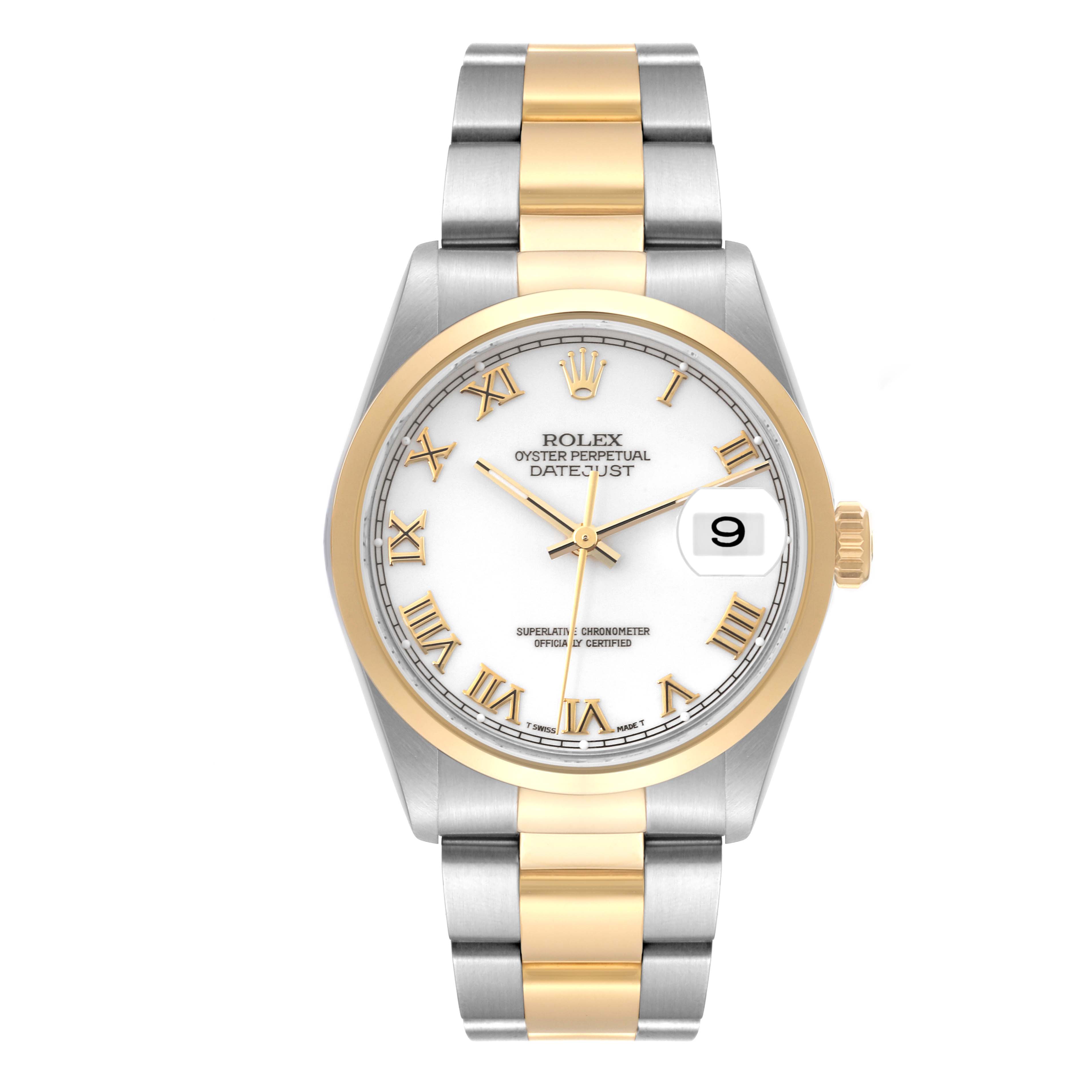 The Rolex Datejust 16203 Men's Steel and Gold (two tone) White Dial 16203 Men's Steel and Gold (two tone) White Dial watch is shown from a front angle, highlighting the dial, bezel, and bracelet.