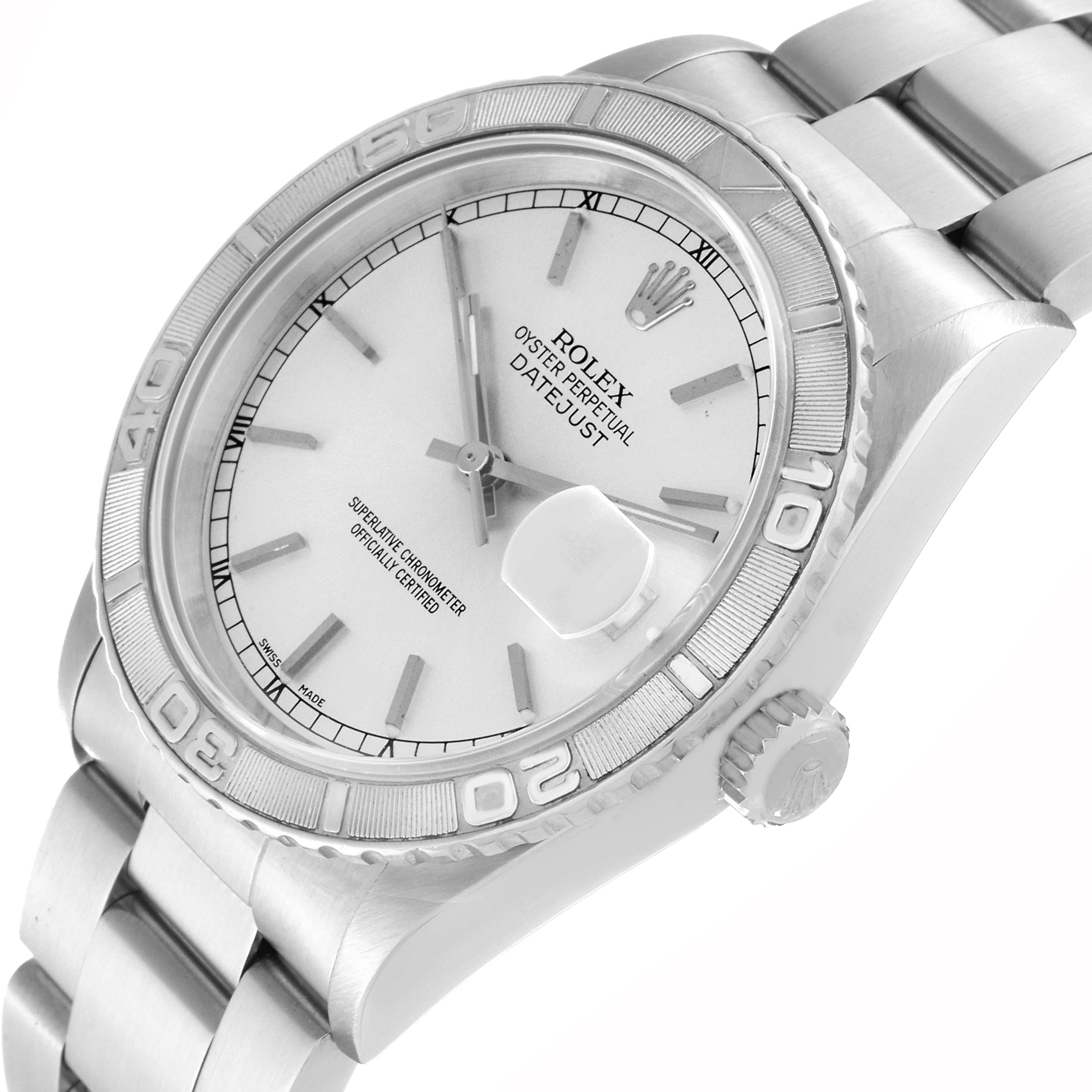 This is an angled view of the Turn-o-Graph model by Rolex, displaying its face, bezel, crown, and part of the bracelet.