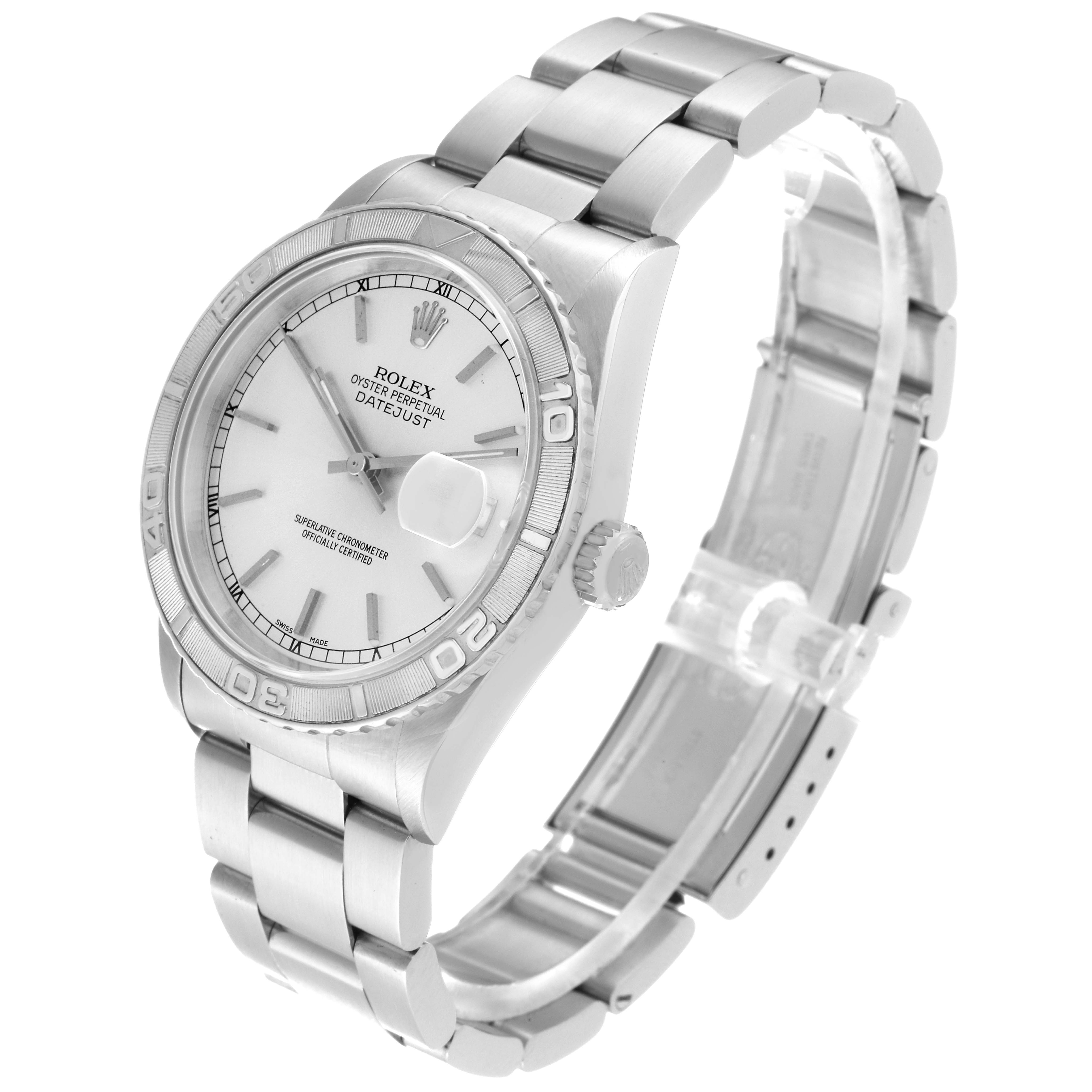 The image shows a side angle view of a Rolex Turn-o-Graph 16264 Men's Stainless Steel Silver Dial 16264 Men's Stainless Steel Silver Dial watch, highlighting the face, bezel, crown, and bracelet.
