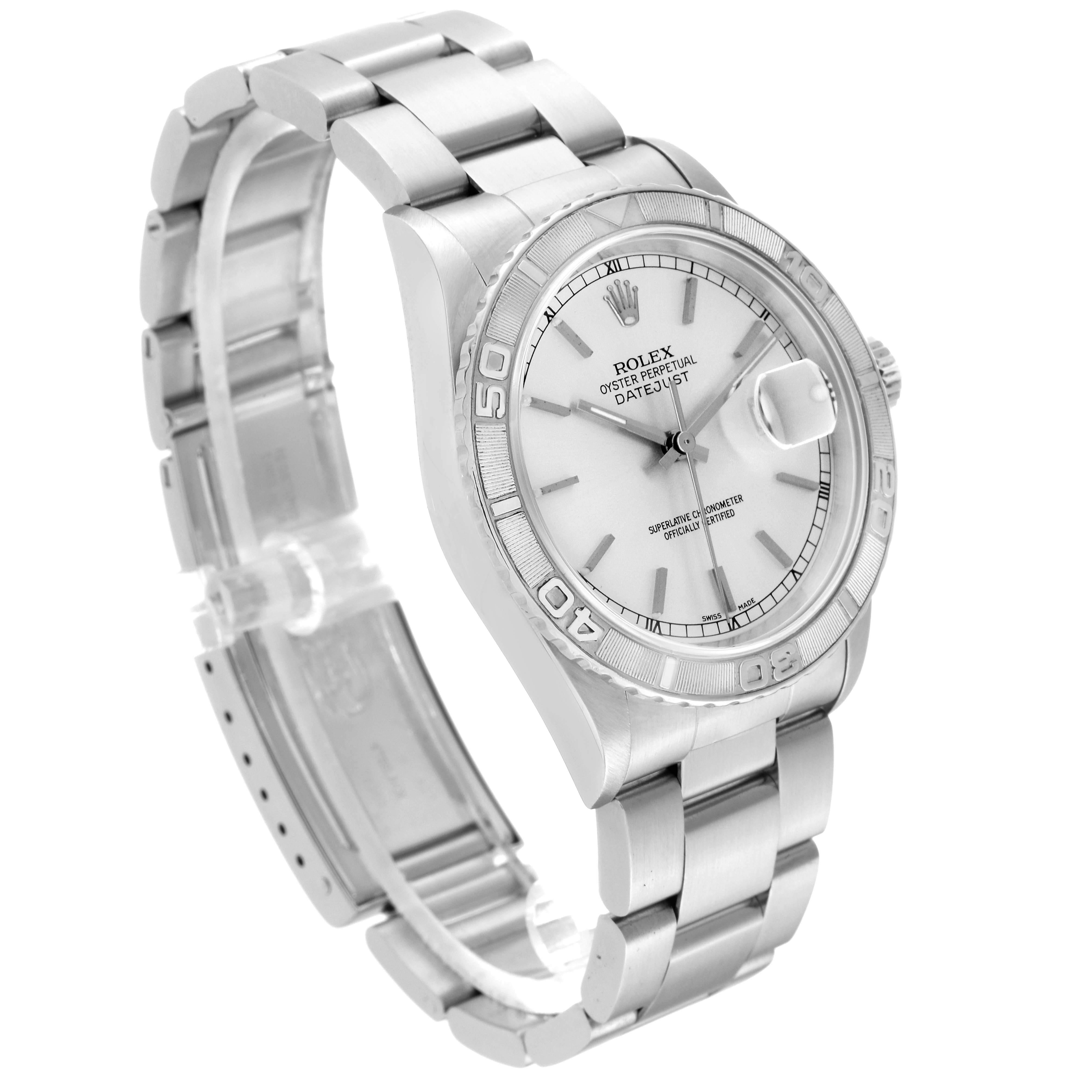 This Rolex Turn-o-Graph 16264 Men's Stainless Steel Silver Dial 16264 Men's Stainless Steel Silver Dial watch is captured at a slight angle, showcasing its face, bezel, crown, and bracelet.