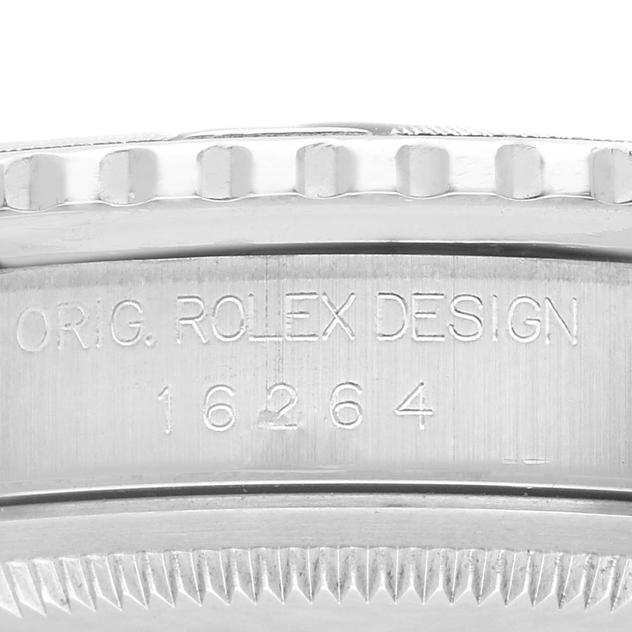 The image shows a close-up of the side of the Rolex Turn-o-Graph 16264 Men's Stainless Steel Silver Dial 16264 Men's Stainless Steel Silver Dial watch case, featuring the "ORIG. ROLEX DESIGN" inscription and model number 16264.