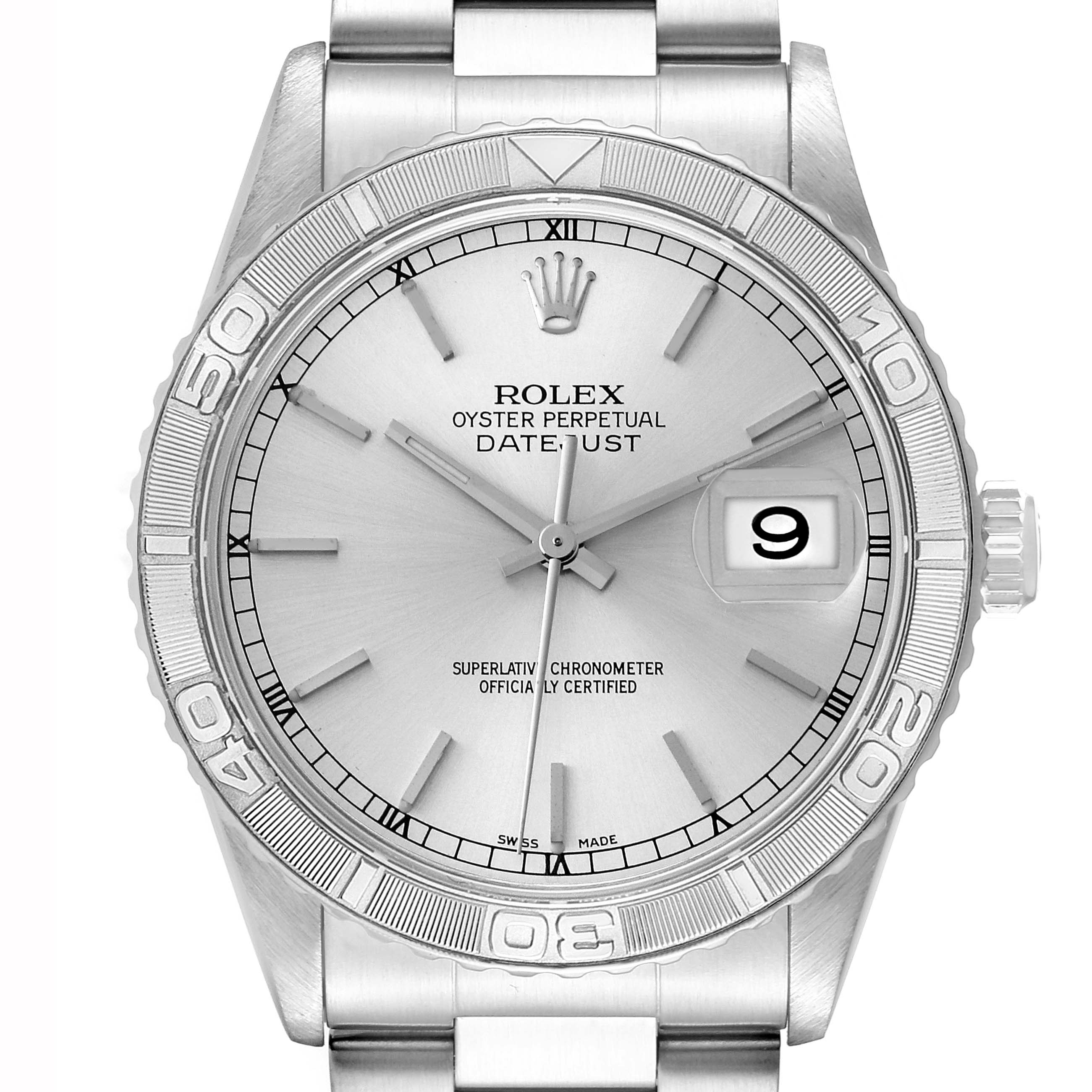 This Rolex Turn-o-Graph 16264 Men's Stainless Steel Silver Dial 16264 Men's Stainless Steel Silver Dial watch is shown from a front angle, highlighting its dial, bezel, and bracelet.