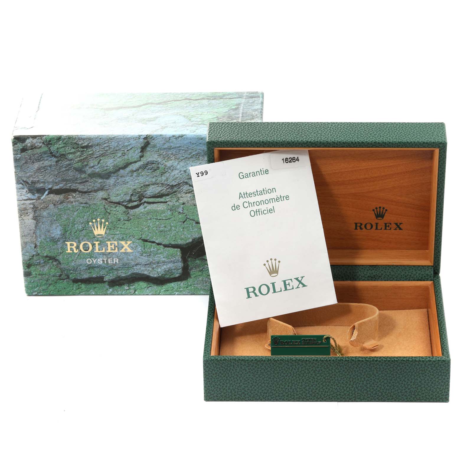 This image shows the packaging and certificate for a Rolex Turn-o-Graph 16264 Men's Stainless Steel Silver Dial 16264 Men's Stainless Steel Silver Dial watch, including the outer box and inner display box.