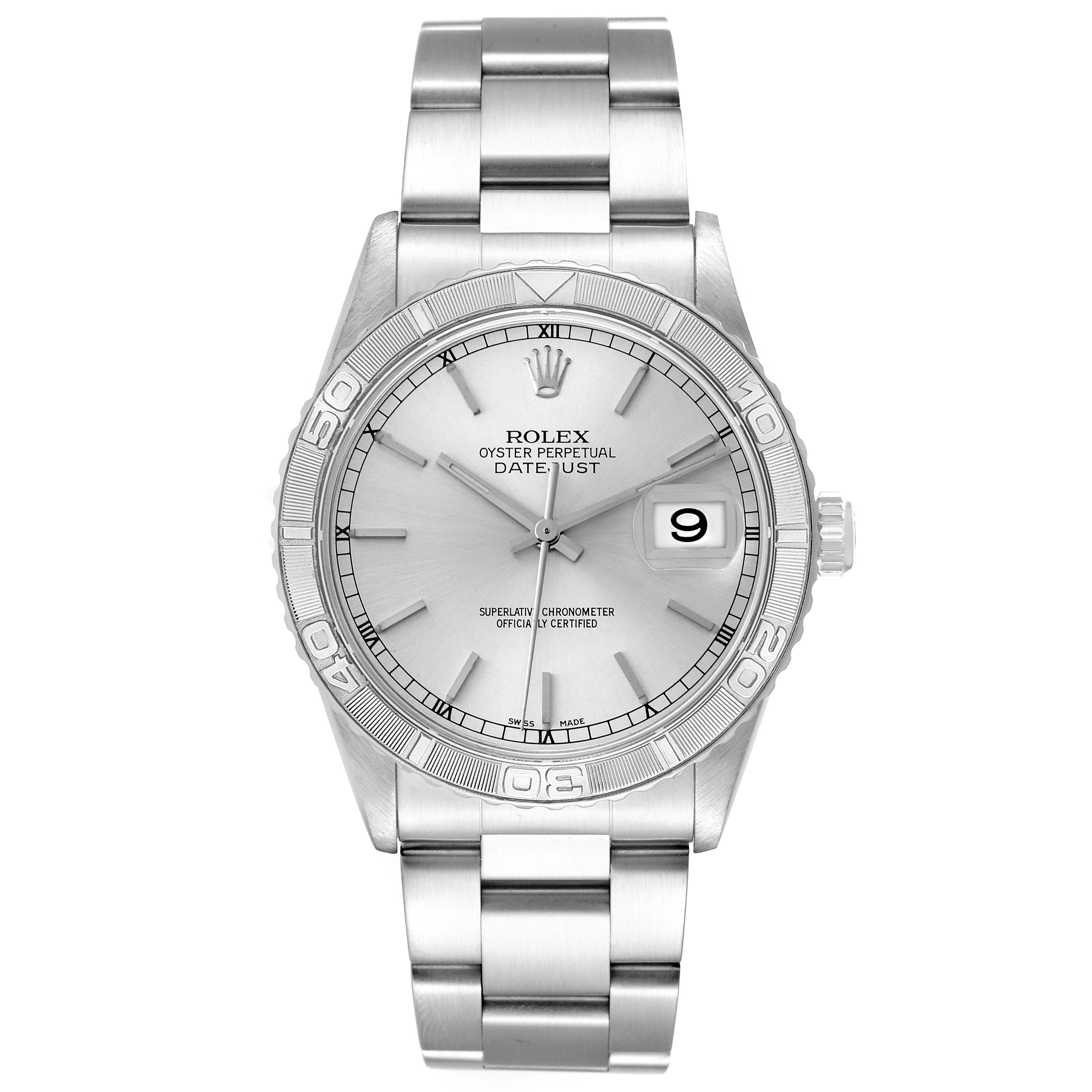 The image shows a front-facing view of a Rolex Turn-o-Graph 16264 Men's Stainless Steel Silver Dial 16264 Men's Stainless Steel Silver Dial watch, highlighting the dial, bezel, bracelet, and date window.