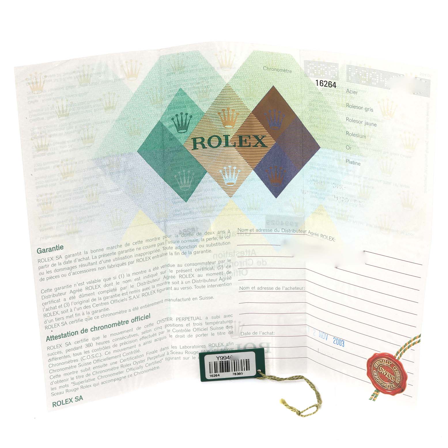 The image shows warranty papers and accessories for a Rolex Turn-o-Graph 16264 Men's Stainless Steel Silver Dial 16264 Men's Stainless Steel Silver Dial model.