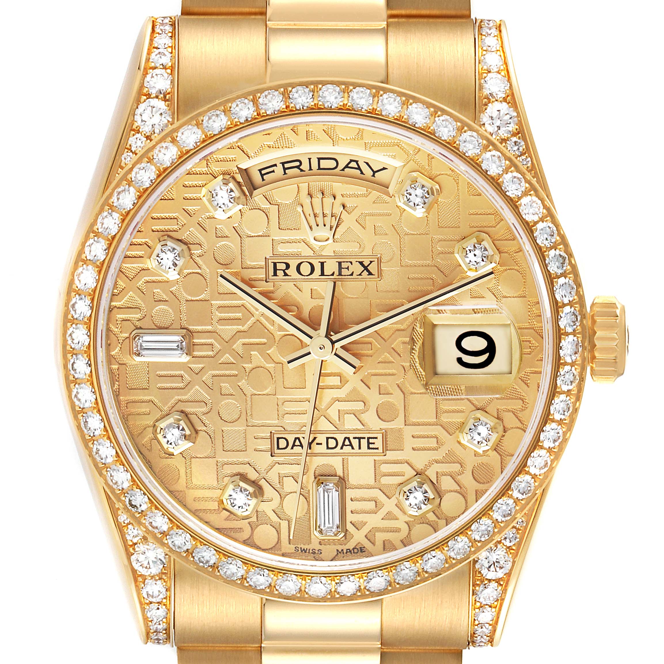 The image shows a front view of a Rolex President 118388 Men's Yellow Gold Champagne Dial 118388 Men's Yellow Gold Champagne Dial model watch, highlighting its gold dial, diamond hour markers, and day-date functions.