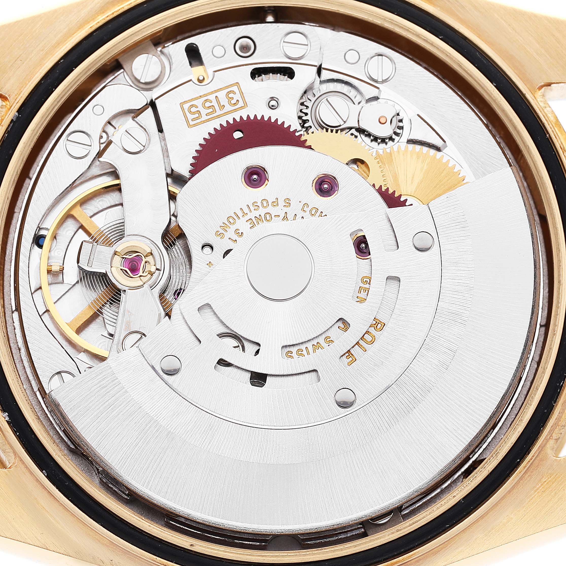 This is a close-up view of the internal mechanism of a Rolex President 118388 Men's Yellow Gold Champagne Dial 118388 Men's Yellow Gold Champagne Dial watch.