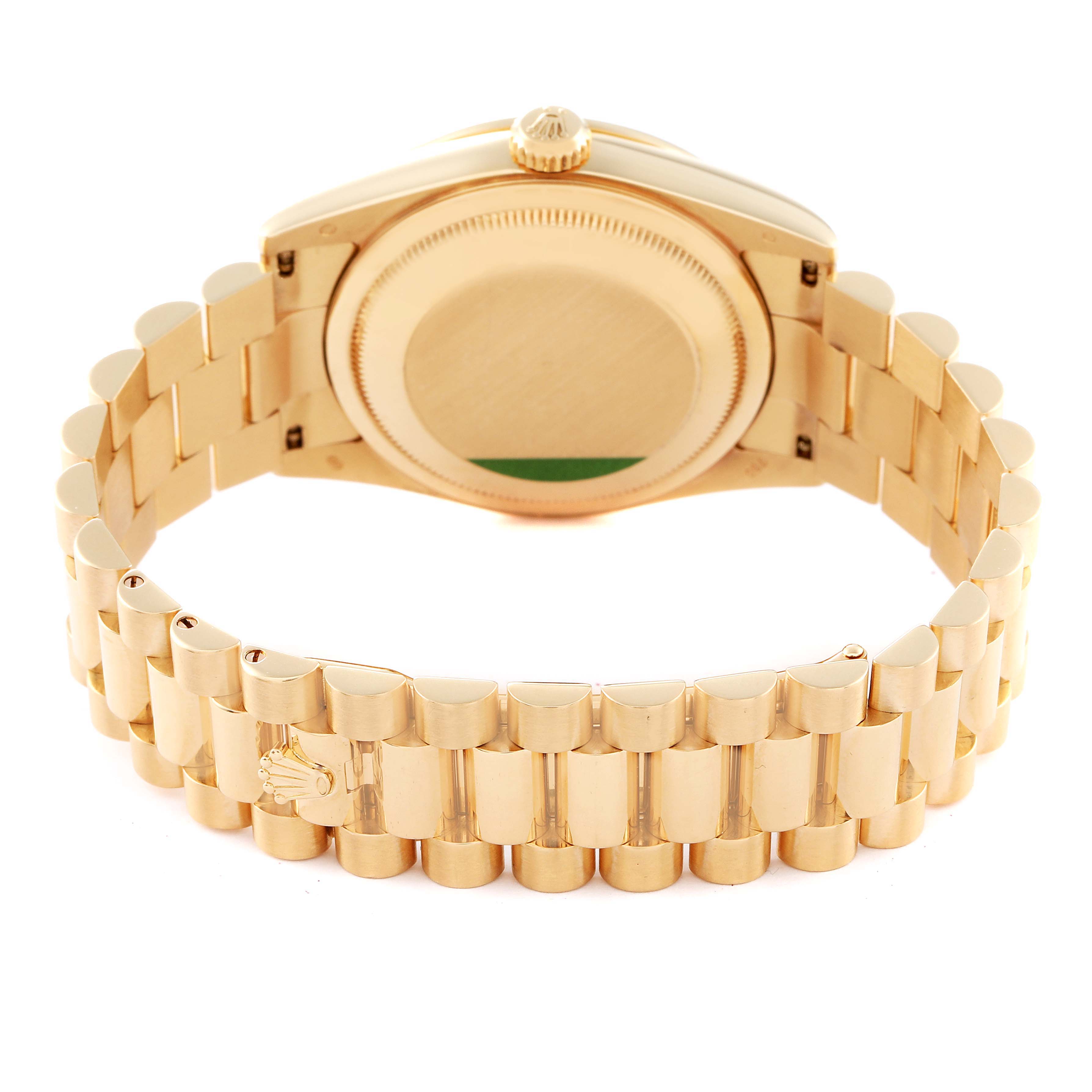 This image shows the back view of a Rolex President 118388 Men's Yellow Gold Champagne Dial 118388 Men's Yellow Gold Champagne Dial model watch, highlighting its caseback and bracelet.