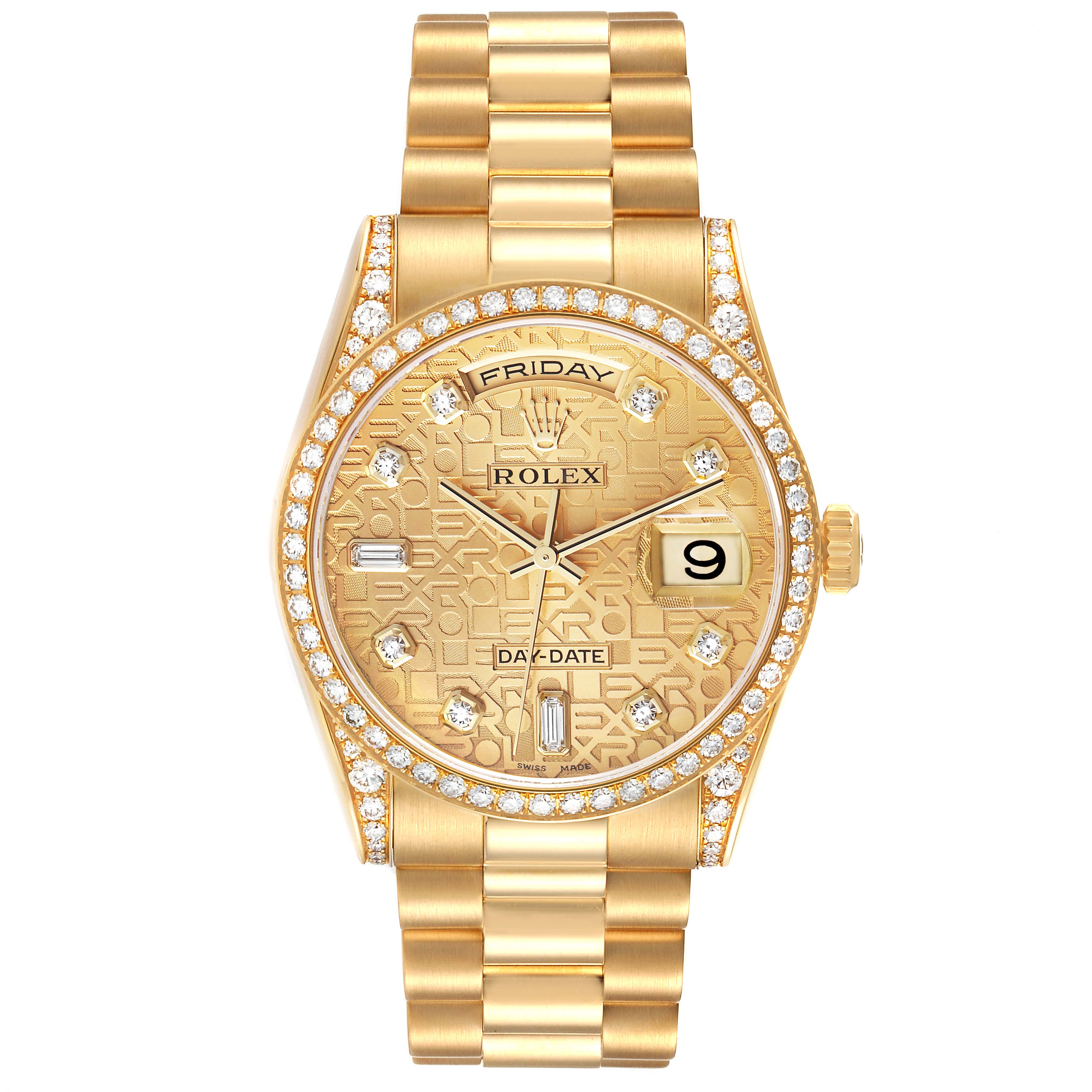 This image shows a frontal view of a Rolex President 118388 Men's Yellow Gold Champagne Dial 118388 Men's Yellow Gold Champagne Dial model watch, displaying its dial, bezel, and bracelet.