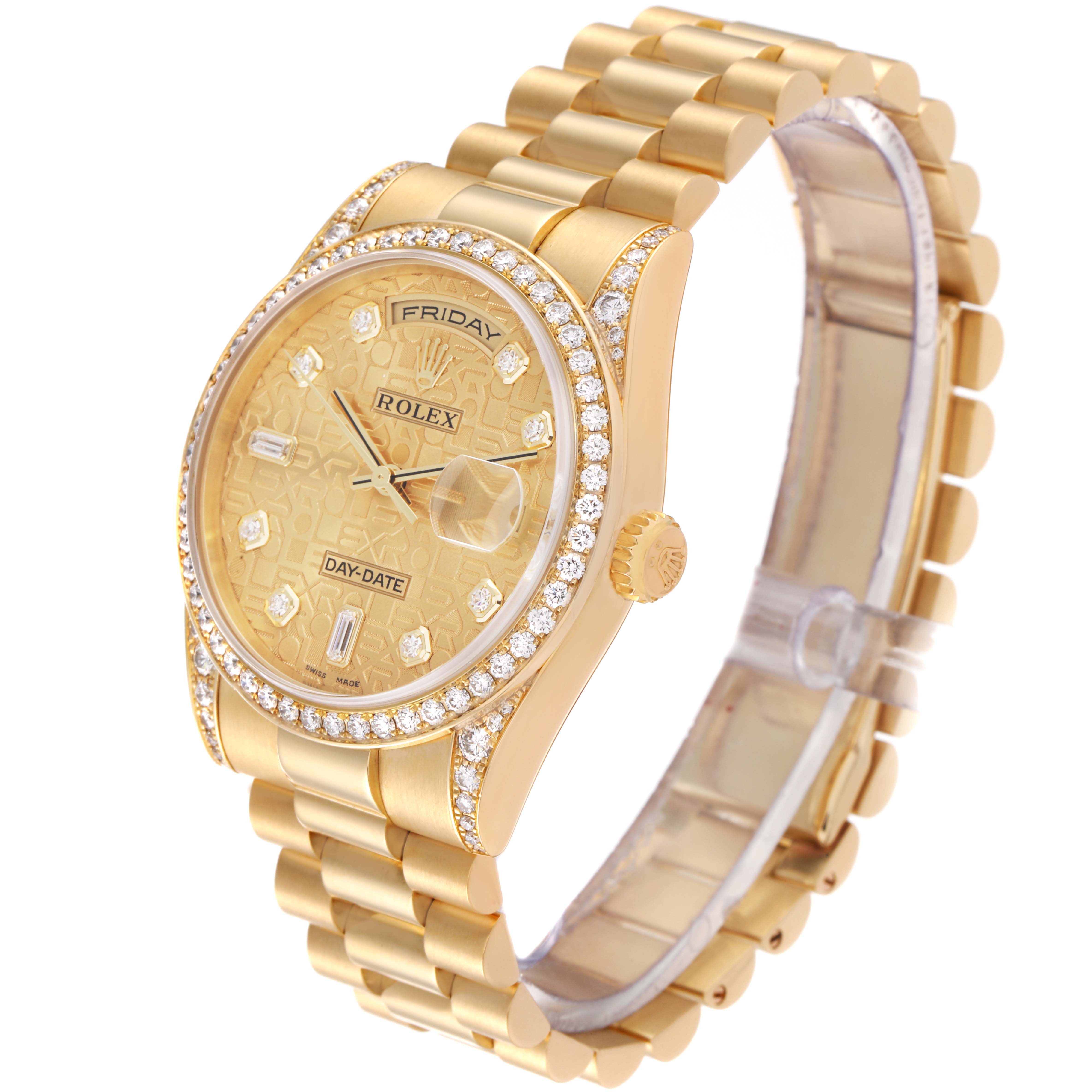 The image shows a Rolex President 118388 Men's Yellow Gold Champagne Dial 118388 Men's Yellow Gold Champagne Dial model watch at a three-quarter angle, highlighting the face, bezel, and bracelet.