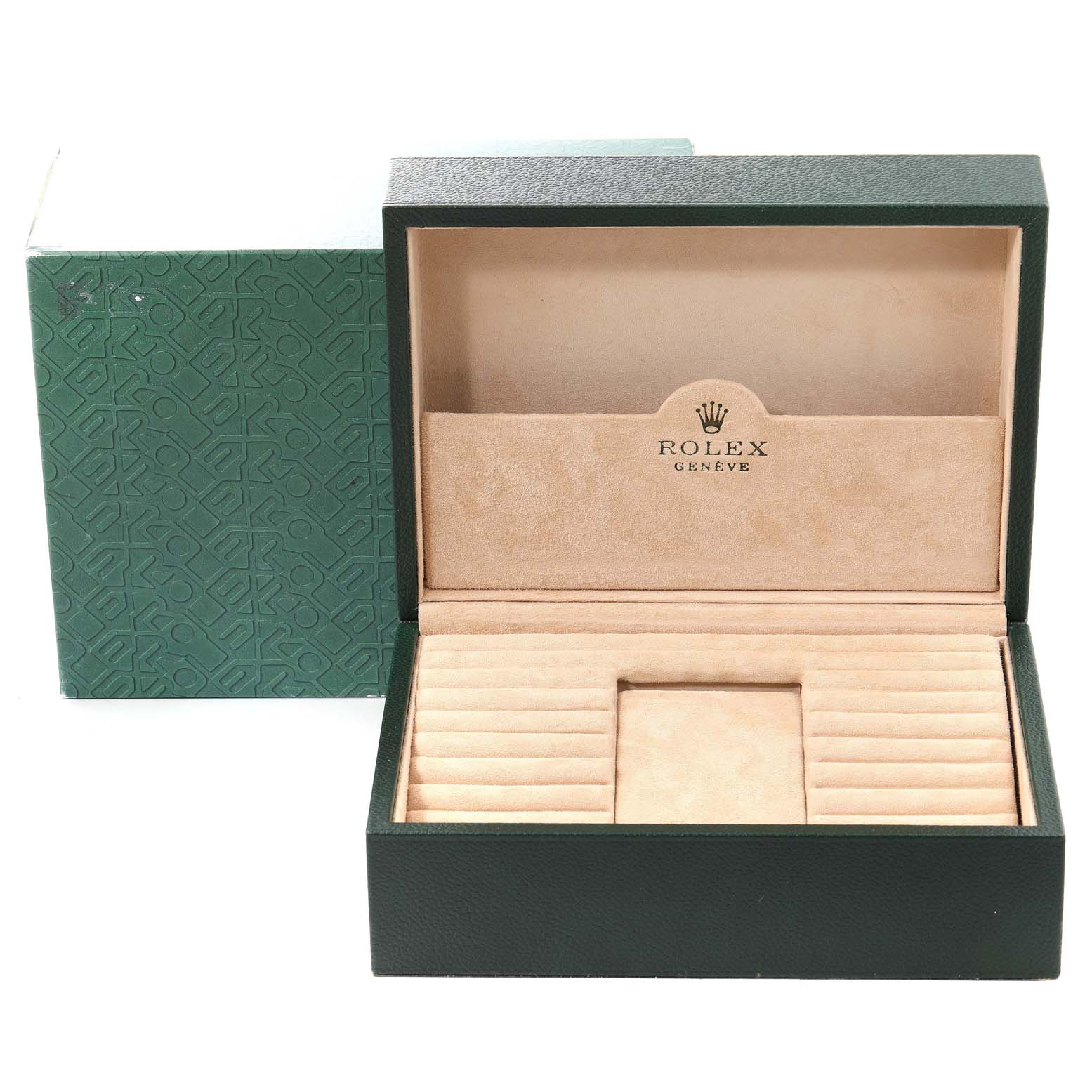 The image shows an open box for a Rolex President 118388 Men's Yellow Gold Champagne Dial 118388 Men's Yellow Gold Champagne Dial model, displaying the interior compartments and "Rolex Geneve" logo.