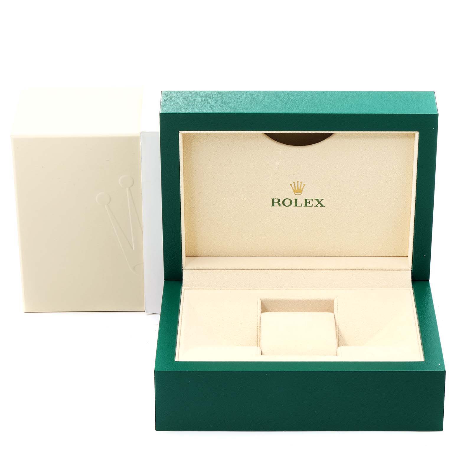 The image shows an open green and beige Rolex GMT-Master 116710 Men
s Stainless Steel Black Dial 116710 Men
s Stainless Steel Black Dial watch box from a front angle, with the Rolex logo inside.