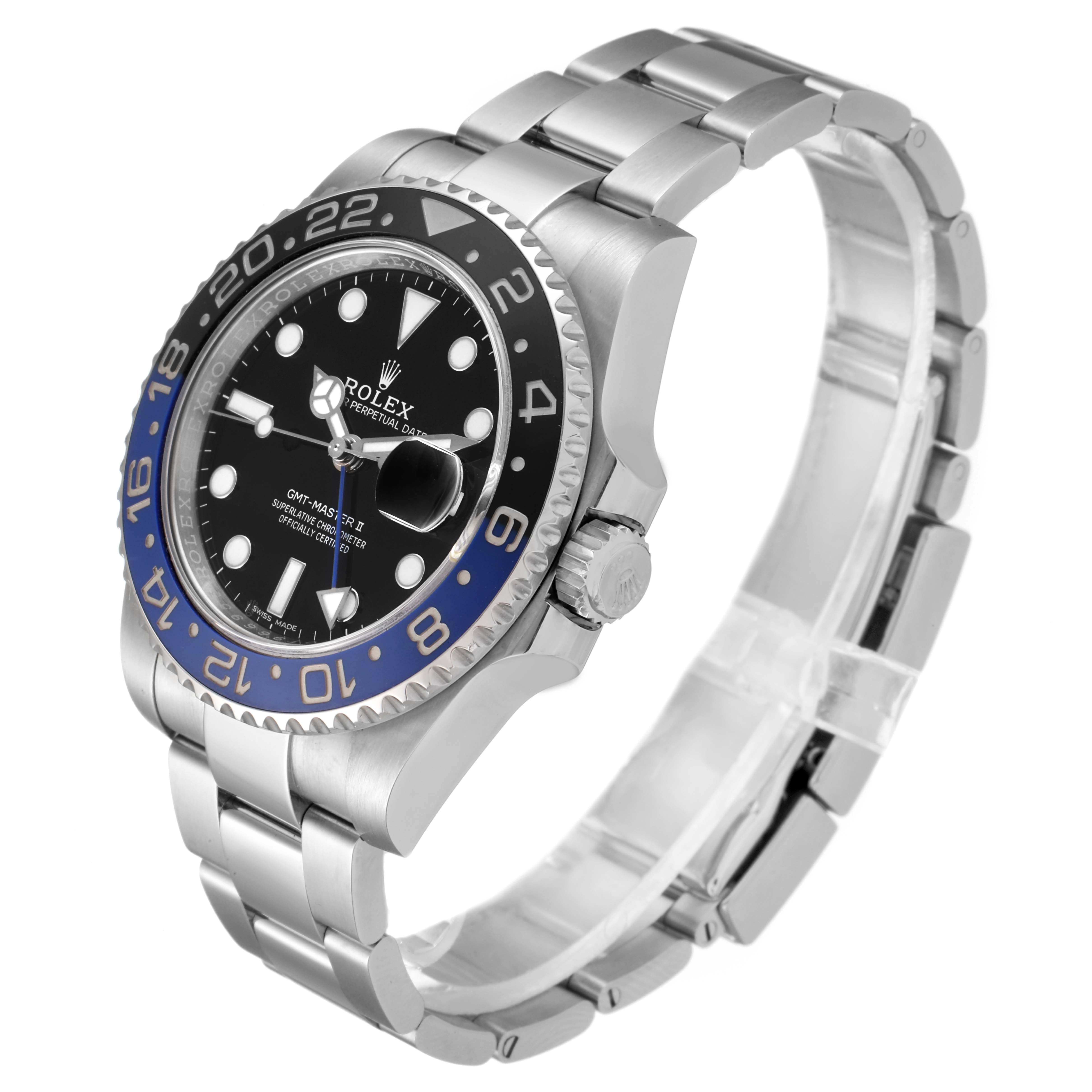 This image shows a Rolex GMT-Master 116710 Men
s Stainless Steel Black Dial 116710 Men
s Stainless Steel Black Dial II watch at a three-quarter angle, highlighting the bezel, dial, crown, and bracelet.