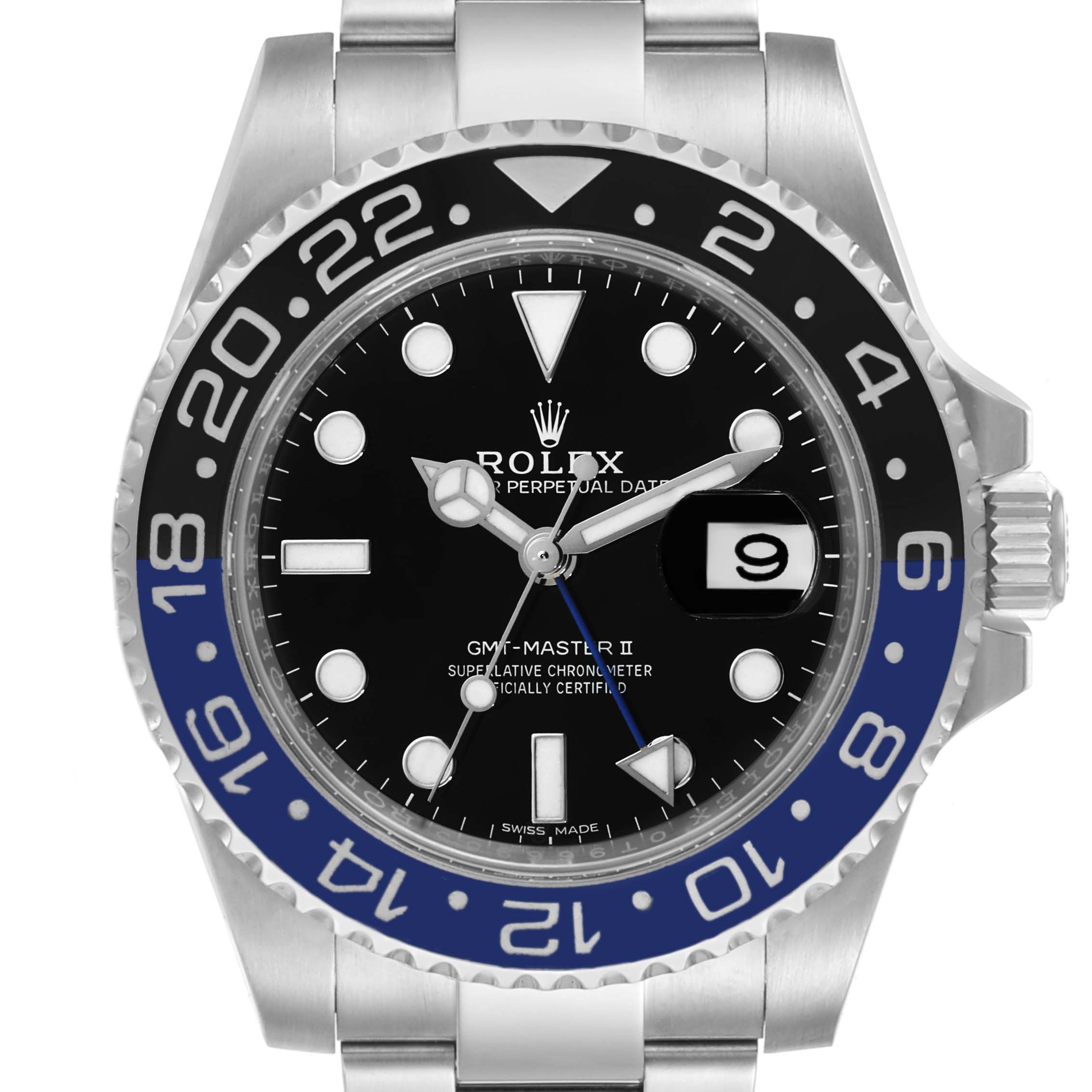 This image shows a frontal view of a Rolex GMT-Master 116710 Men
s Stainless Steel Black Dial 116710 Men
s Stainless Steel Black Dial II watch, featuring its bezel, dial, crown, and part of the bracelet.