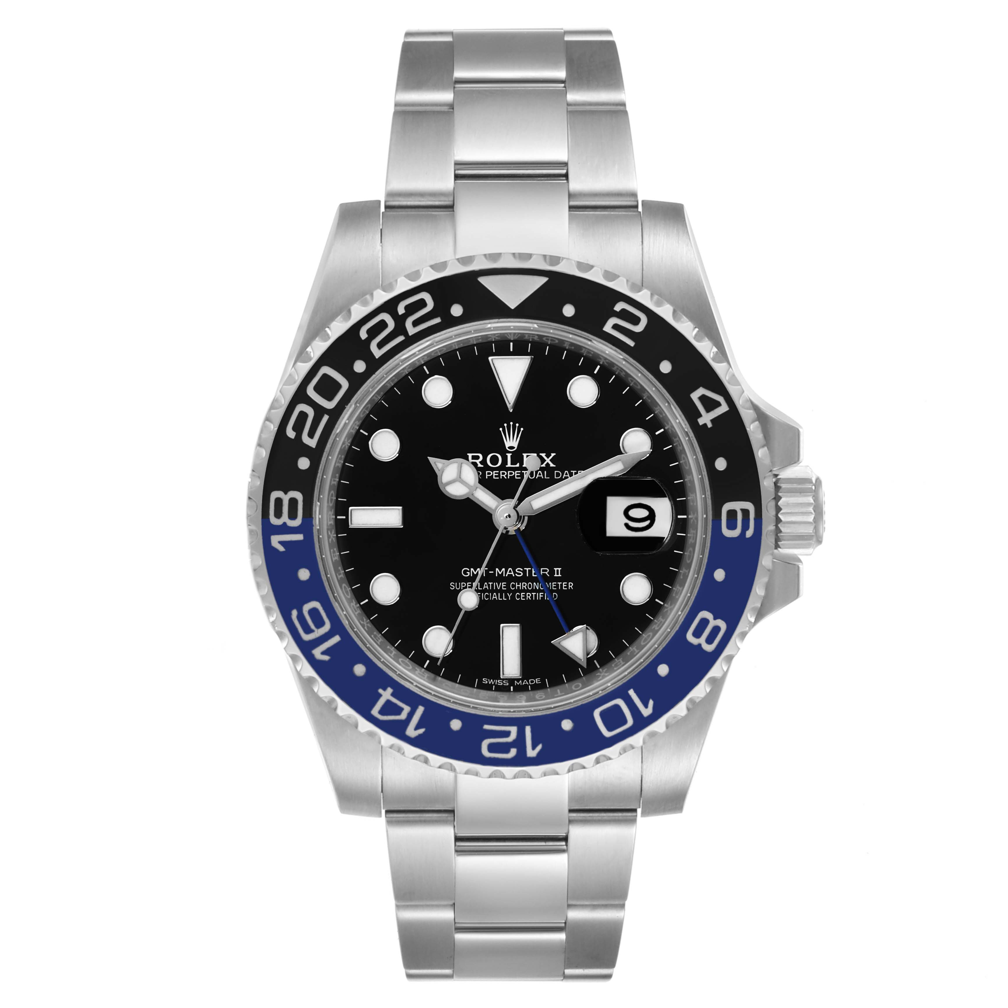 This image shows a front view of the Rolex GMT-Master 116710 Men
s Stainless Steel Black Dial 116710 Men
s Stainless Steel Black Dial II watch, highlighting the face, bezel, and stainless steel bracelet.