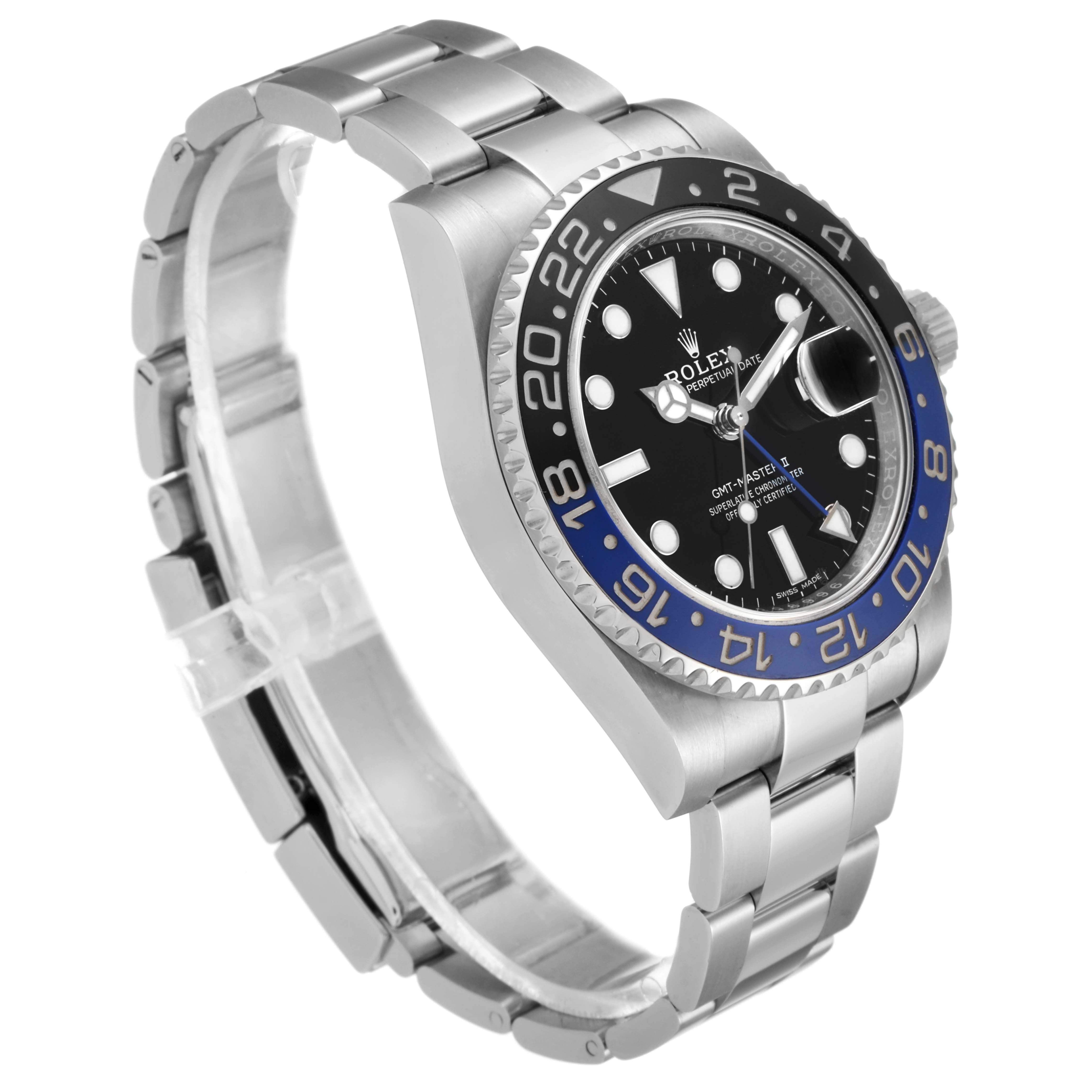 The image shows a side angle of a Rolex GMT-Master 116710 Men
s Stainless Steel Black Dial 116710 Men
s Stainless Steel Black Dial watch, highlighting the bezel, dial, and bracelet.