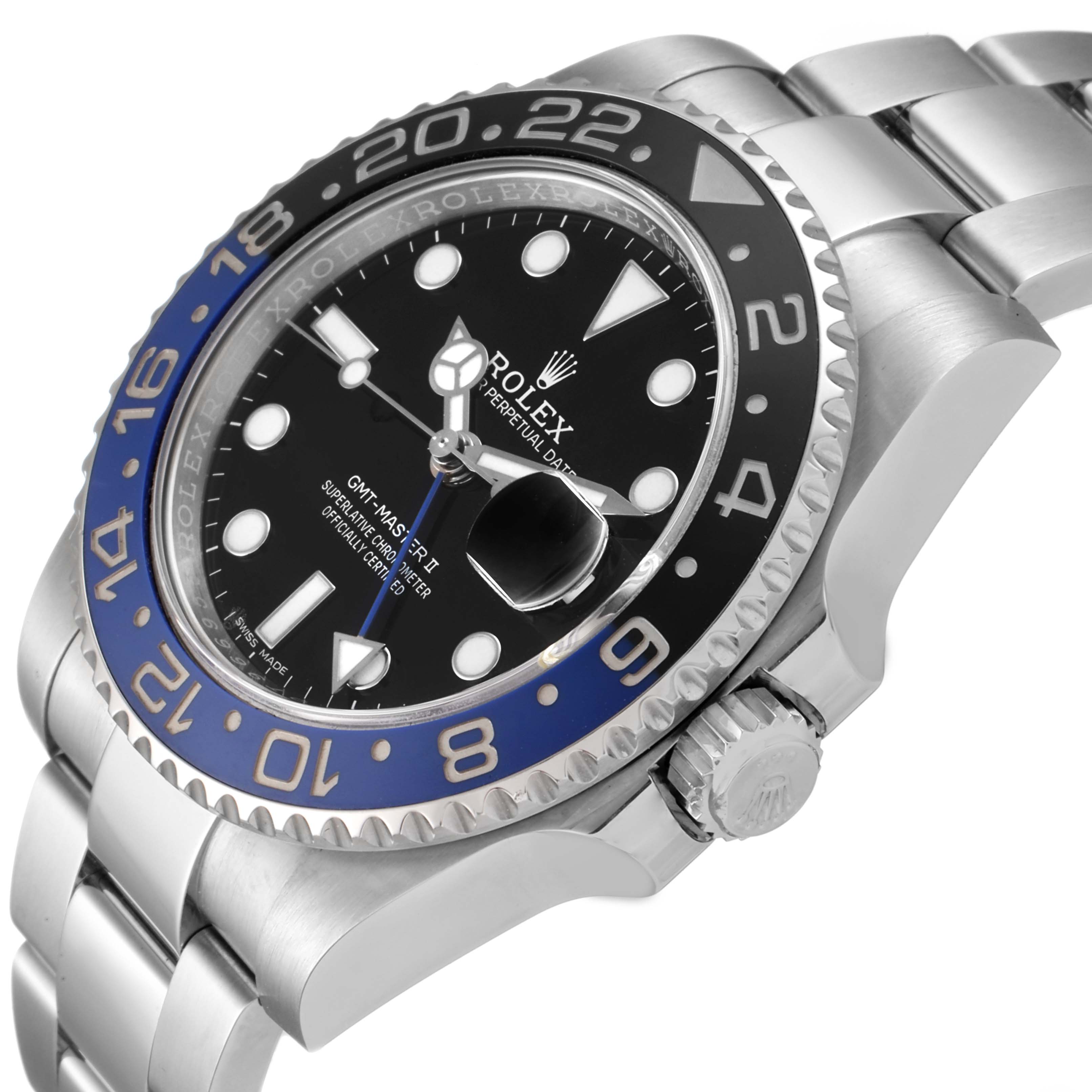 The image shows a Rolex GMT-Master 116710 Men
s Stainless Steel Black Dial 116710 Men
s Stainless Steel Black Dial watch at an angle displaying the face, bezel, and bracelet in detail.