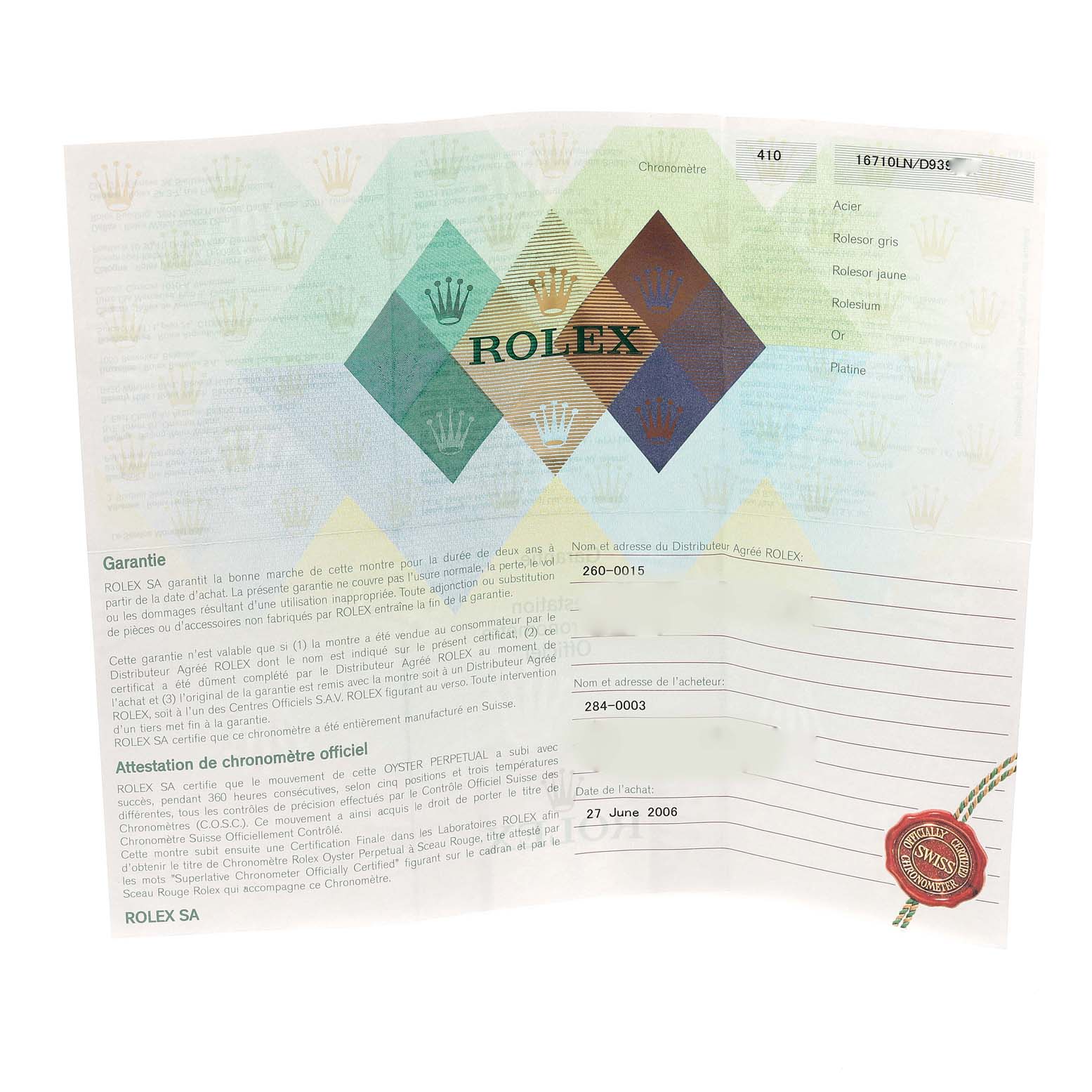 This image shows the guarantee certificate for a Rolex GMT-Master 16710 Men
s Stainless Steel Black Dial 16710 Men
s Stainless Steel Black Dial watch.