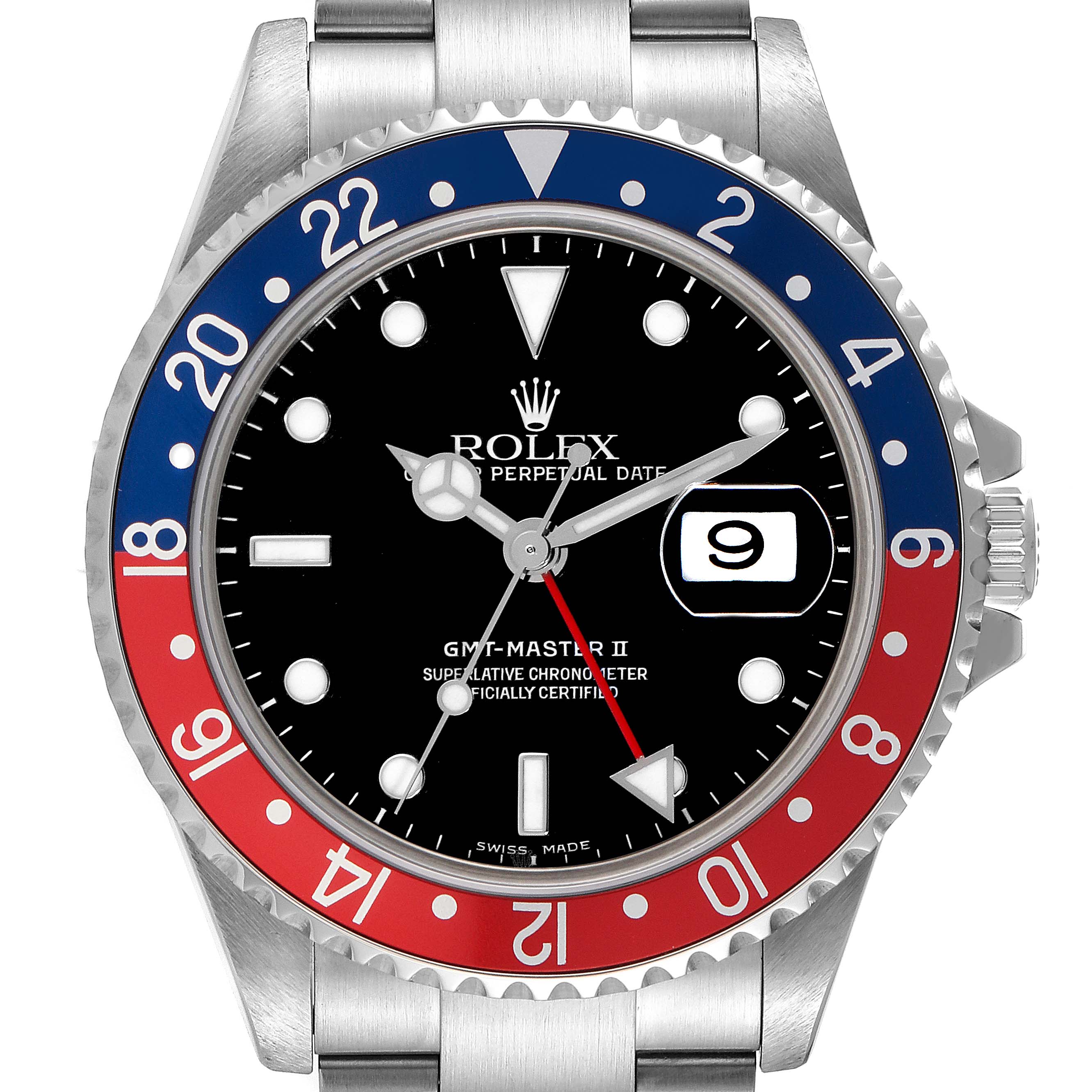This image shows a frontal view of the Rolex GMT-Master 16710 Men
s Stainless Steel Black Dial 16710 Men
s Stainless Steel Black Dial II watch, highlighting its bezel, dial, and bracelet.