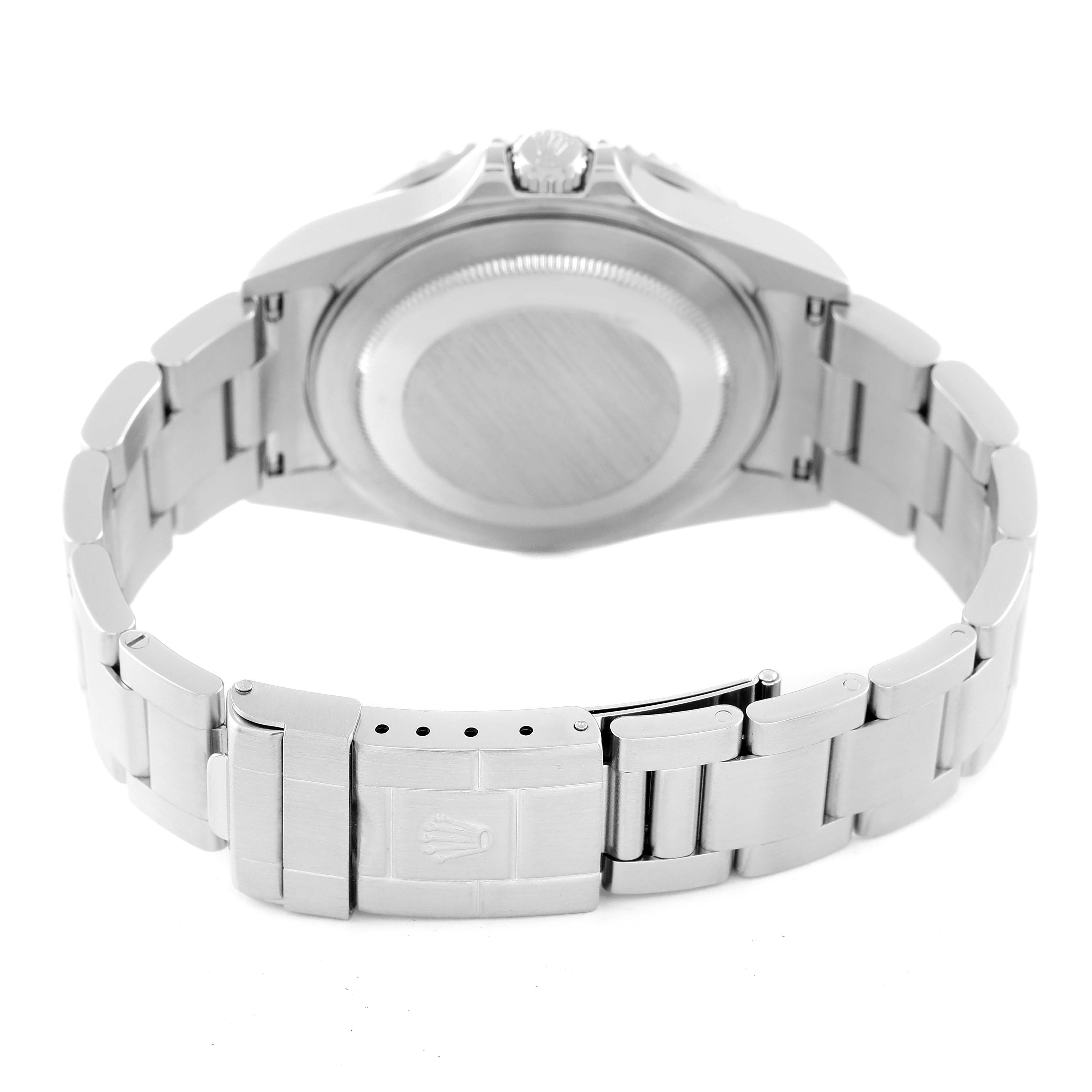 The image shows the back view of a Rolex GMT-Master 16710 Men
s Stainless Steel Black Dial 16710 Men
s Stainless Steel Black Dial watch, highlighting the bracelet and clasp.