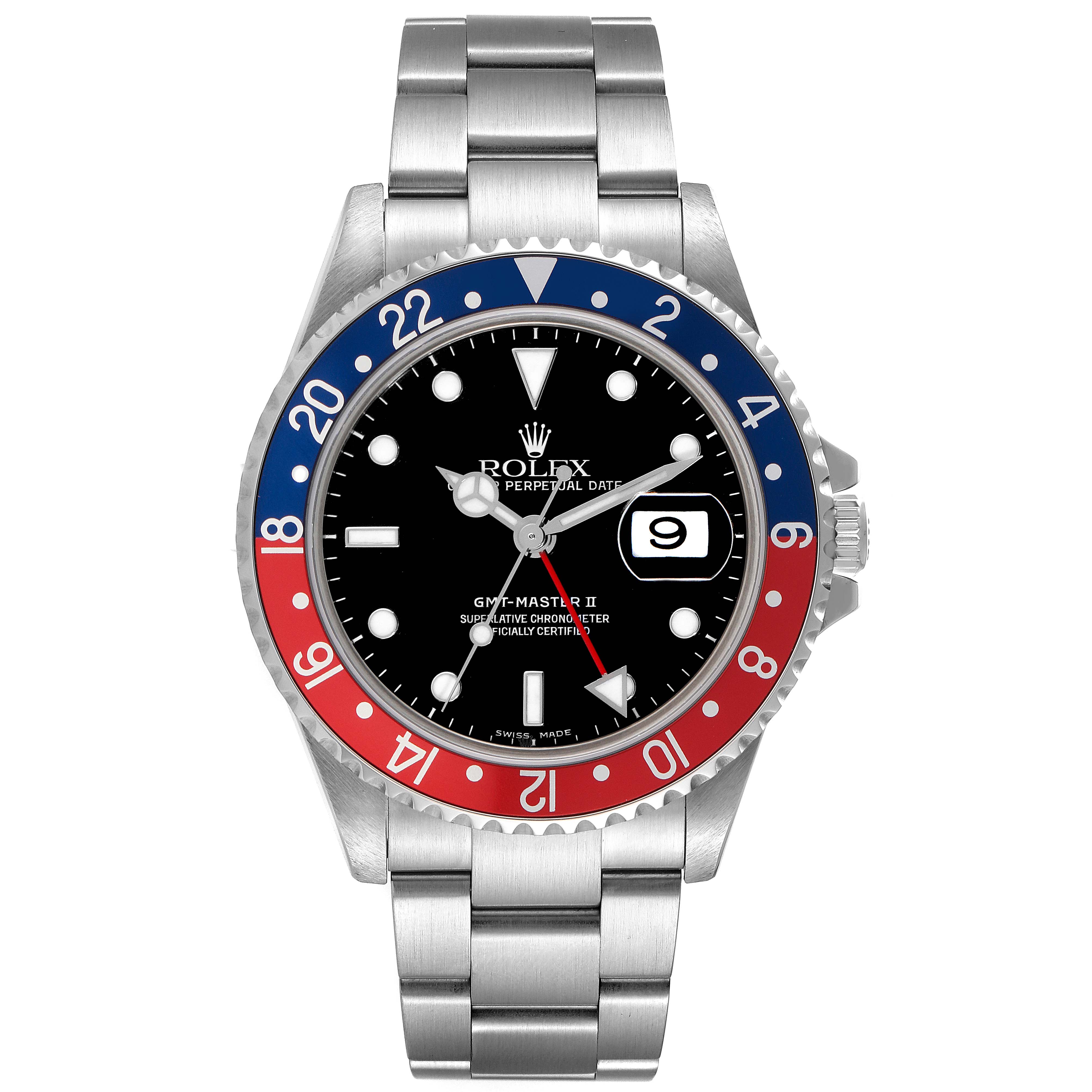The image shows a front view of a Rolex GMT-Master 16710 Men
s Stainless Steel Black Dial 16710 Men
s Stainless Steel Black Dial watch, featuring a red and blue bezel and a stainless steel bracelet.