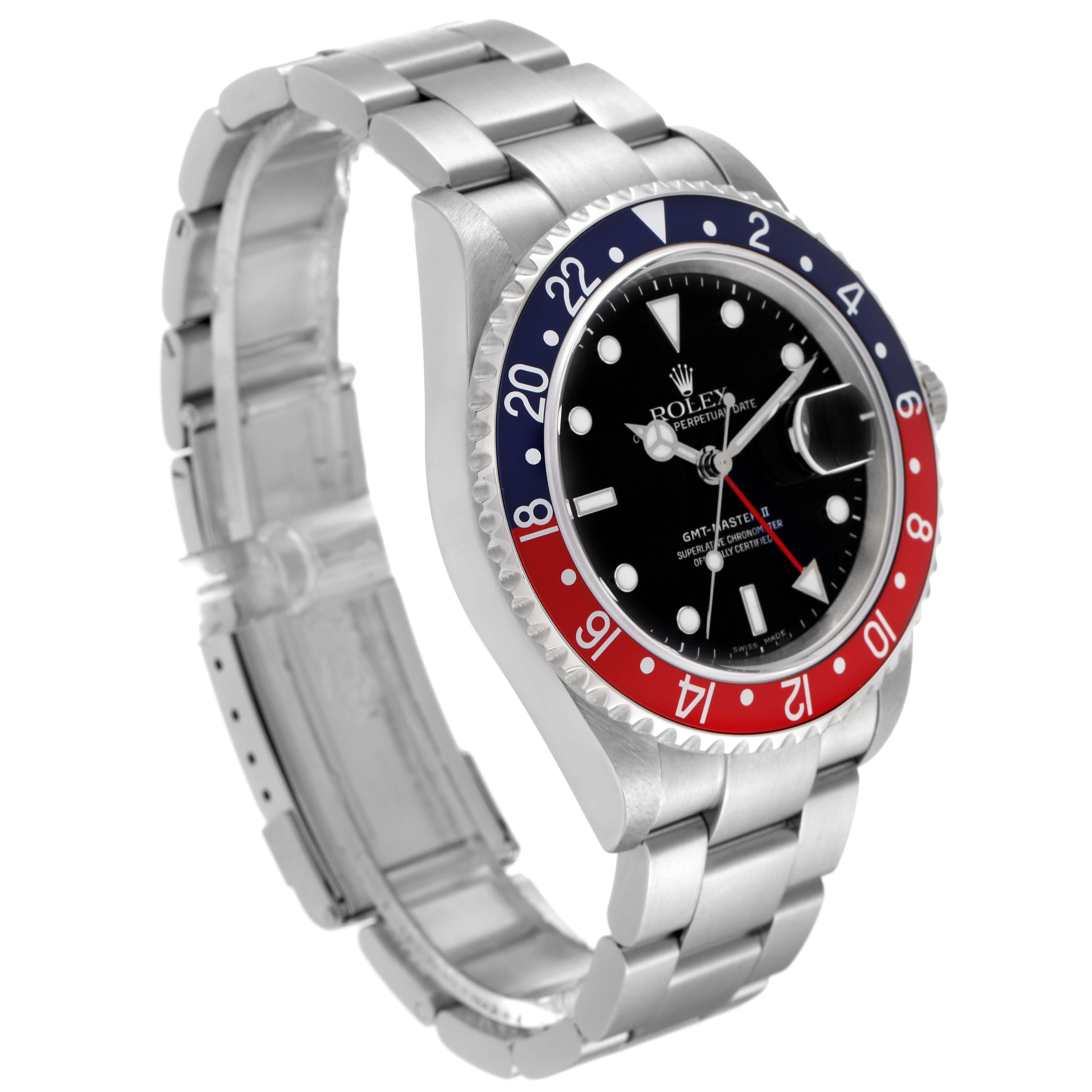This image shows a Rolex GMT-Master 16710 Men
s Stainless Steel Black Dial 16710 Men
s Stainless Steel Black Dial watch at a three-quarter angle, highlighting its bezel, dial, and bracelet.