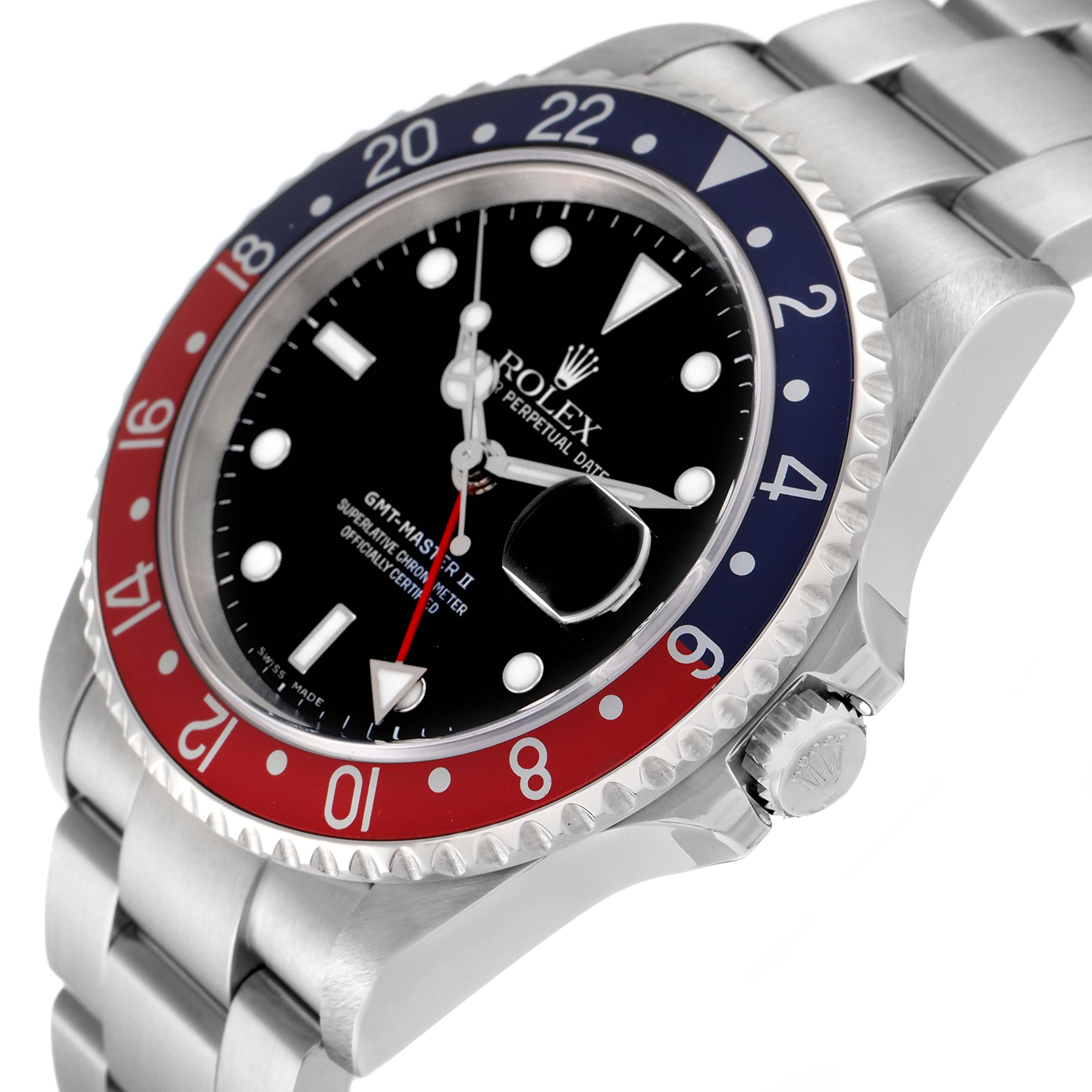 The Rolex GMT-Master 16710 Men
s Stainless Steel Black Dial 16710 Men
s Stainless Steel Black Dial watch is shown at a slight angle, displaying the bezel, face, crown, and part of the bracelet.