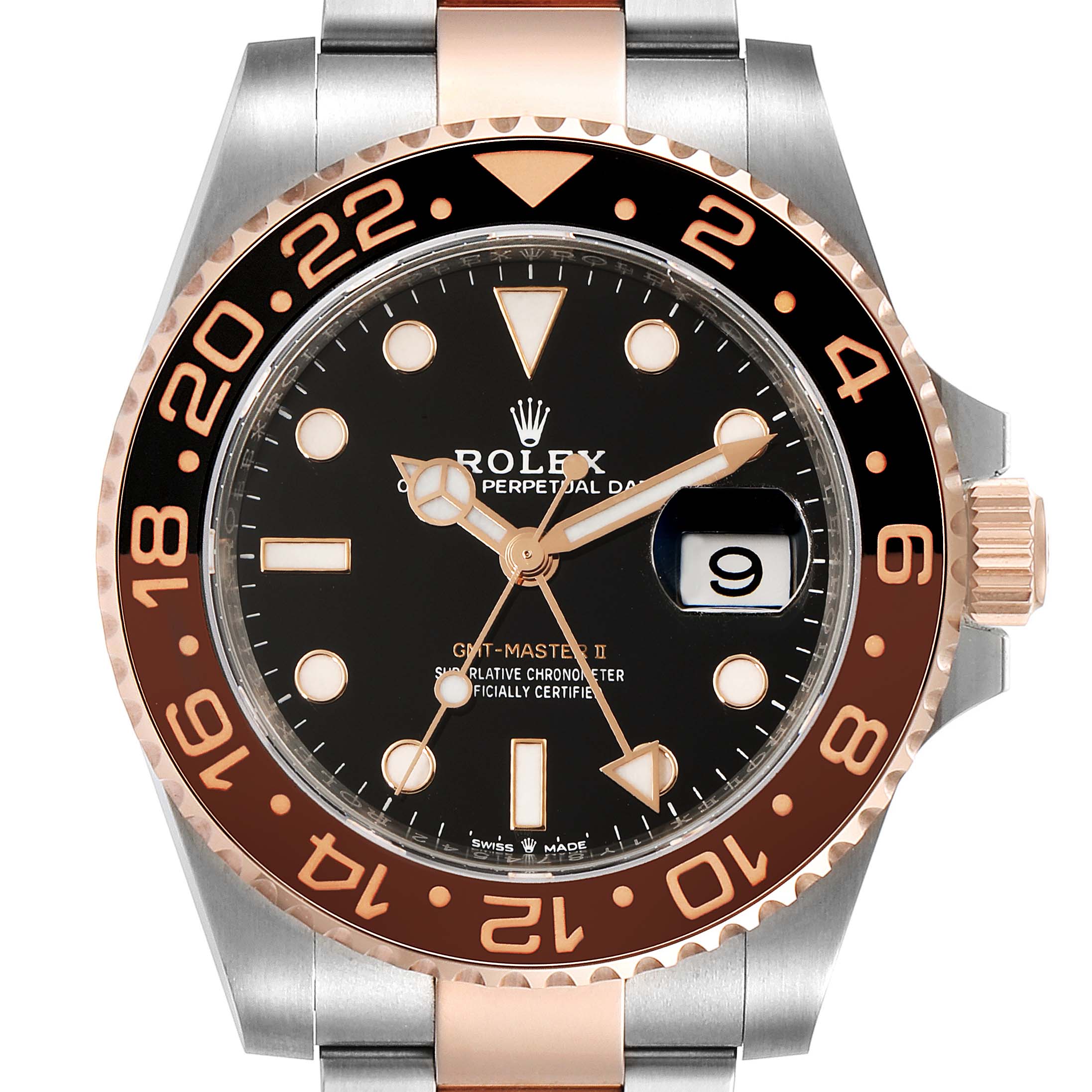 This image shows the face, bezel, and part of the bracelet of the Rolex GMT-Master 126711 Men
s Steel and Gold (two tone) Black Dial 126711 Men
s Steel and Gold (two tone) Black Dial II.