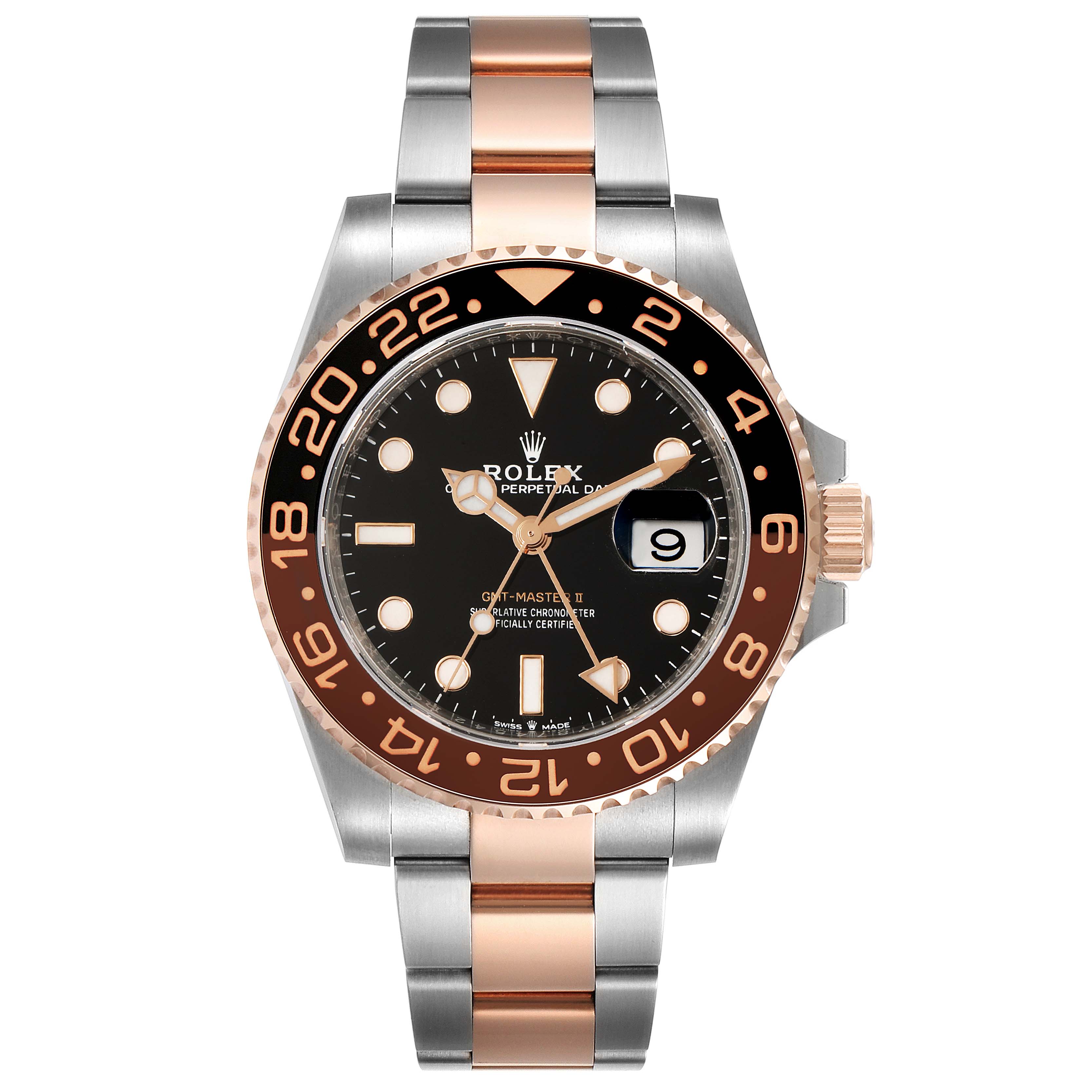 The watch is a Rolex GMT-Master 126711 Men
s Steel and Gold (two tone) Black Dial 126711 Men
s Steel and Gold (two tone) Black Dial model shown from the front, displaying the face, bezel, and bracelet.