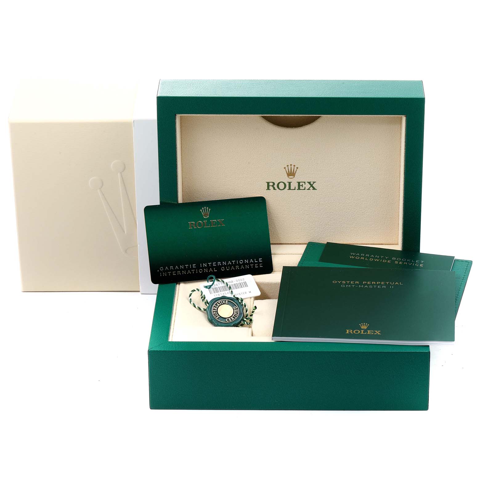 The image shows packaging and documentation for a Rolex GMT-Master 126711 Men
s Steel and Gold (two tone) Black Dial 126711 Men
s Steel and Gold (two tone) Black Dial watch, including the box, international guarantee card, and booklets.