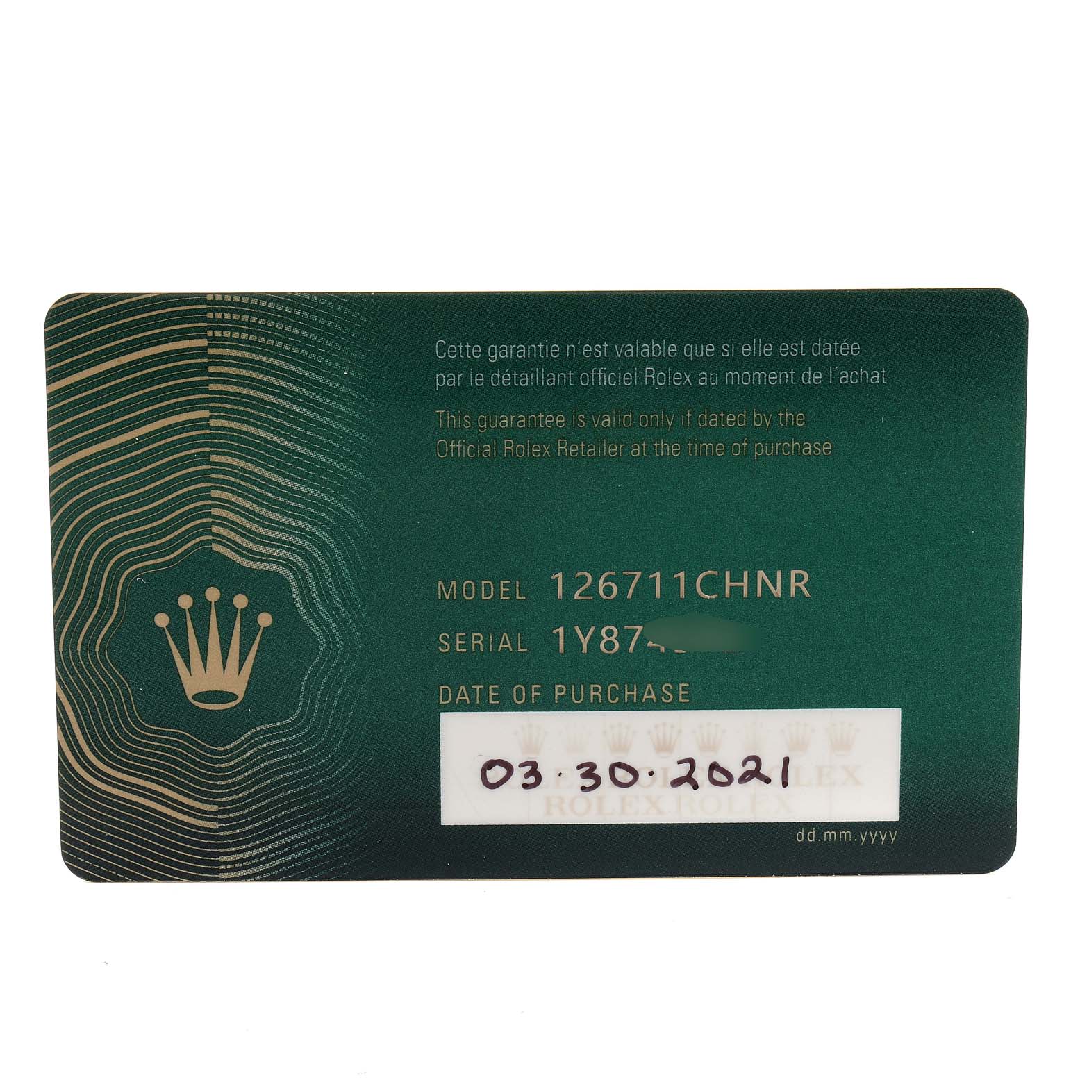 This image shows a warranty card for a Rolex GMT-Master 126711 Men
s Steel and Gold (two tone) Black Dial 126711 Men
s Steel and Gold (two tone) Black Dial, model 126711CHNR, purchased on 03.30.2021.