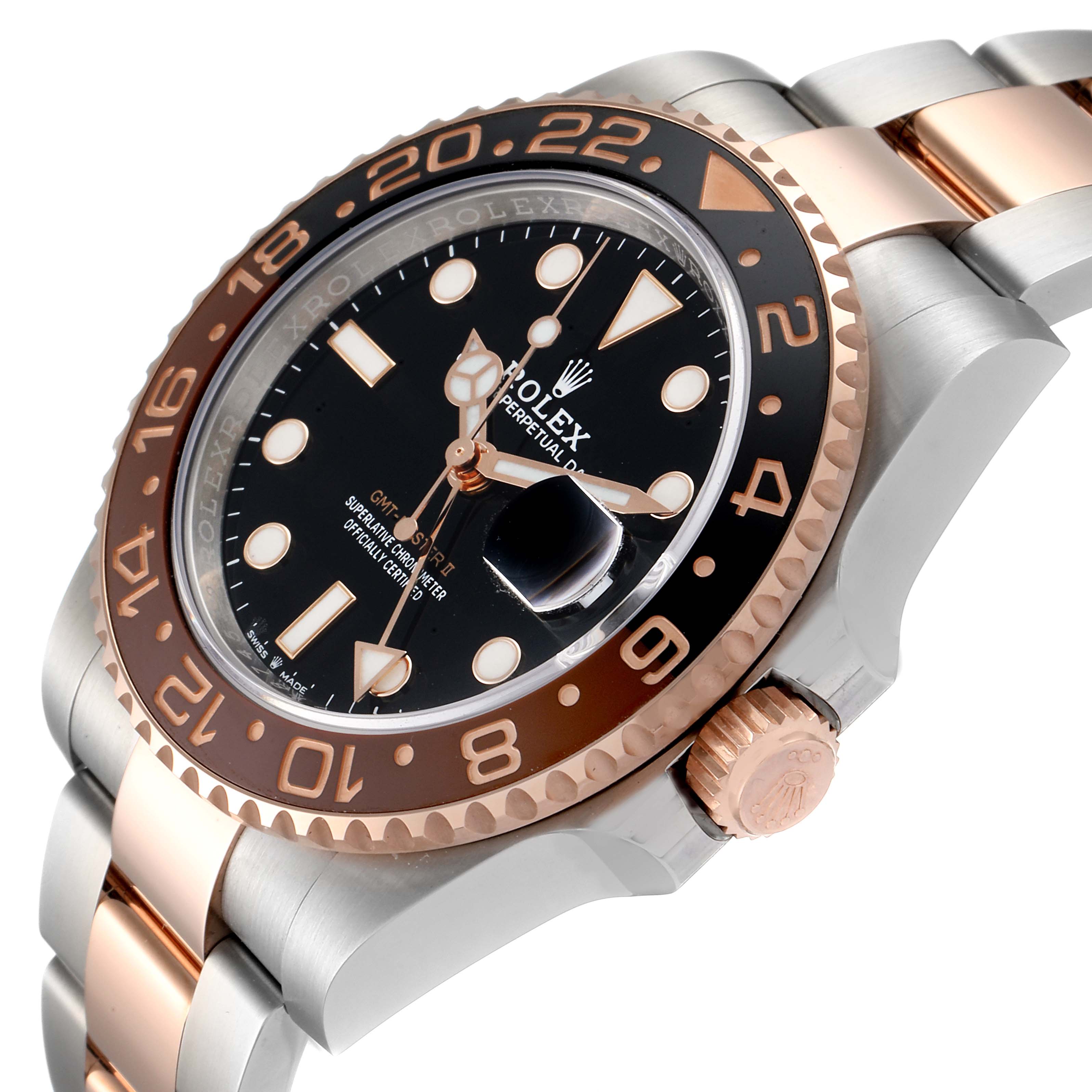 The image shows a close-up, angled view of a Rolex GMT-Master 126711 Men
s Steel and Gold (two tone) Black Dial 126711 Men
s Steel and Gold (two tone) Black Dial watch highlighting the dial, bezel, and part of the bracelet.