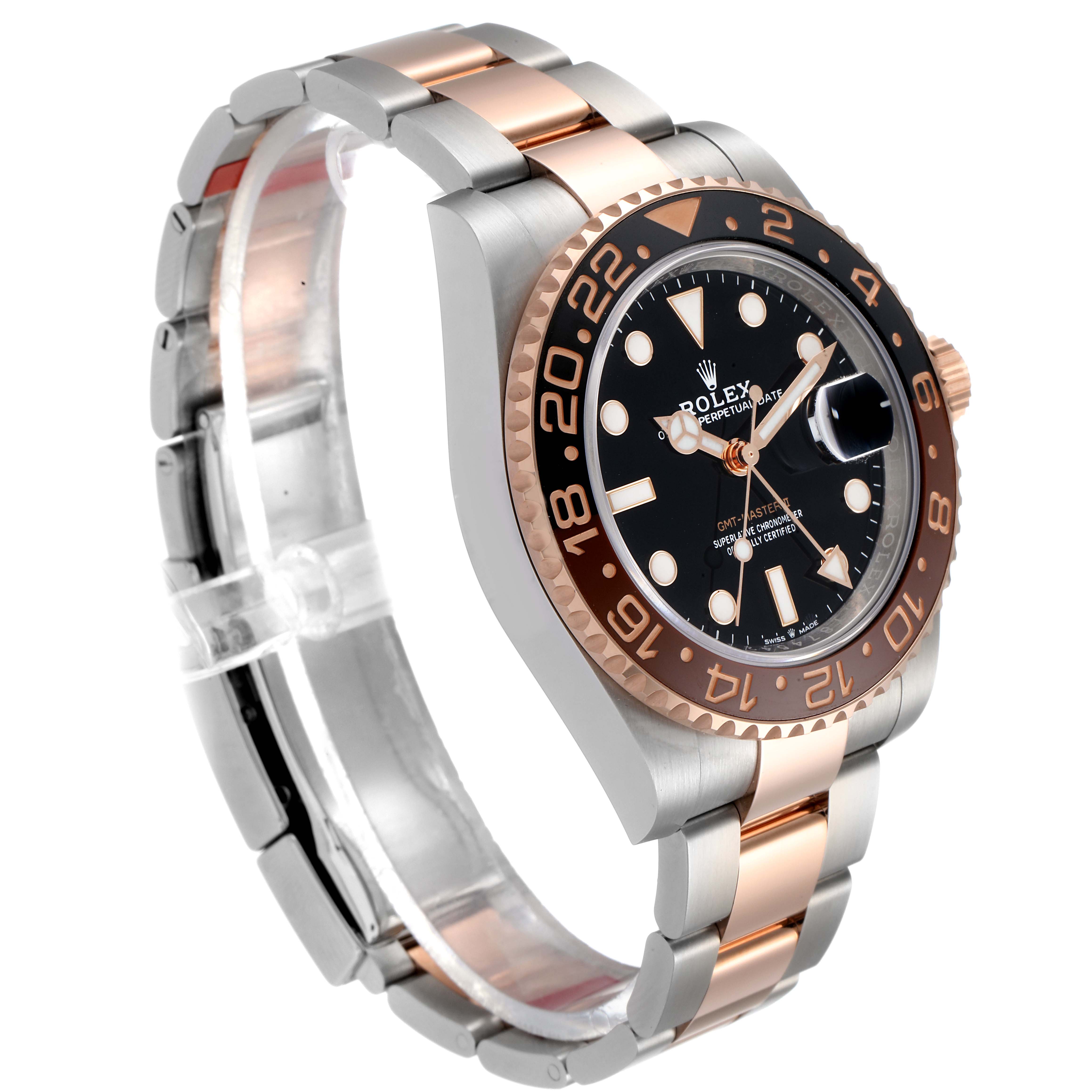 The Rolex GMT-Master 126711 Men
s Steel and Gold (two tone) Black Dial 126711 Men
s Steel and Gold (two tone) Black Dial watch is shown at a three-quarter angle, highlighting the bezel, face, and two-tone bracelet.