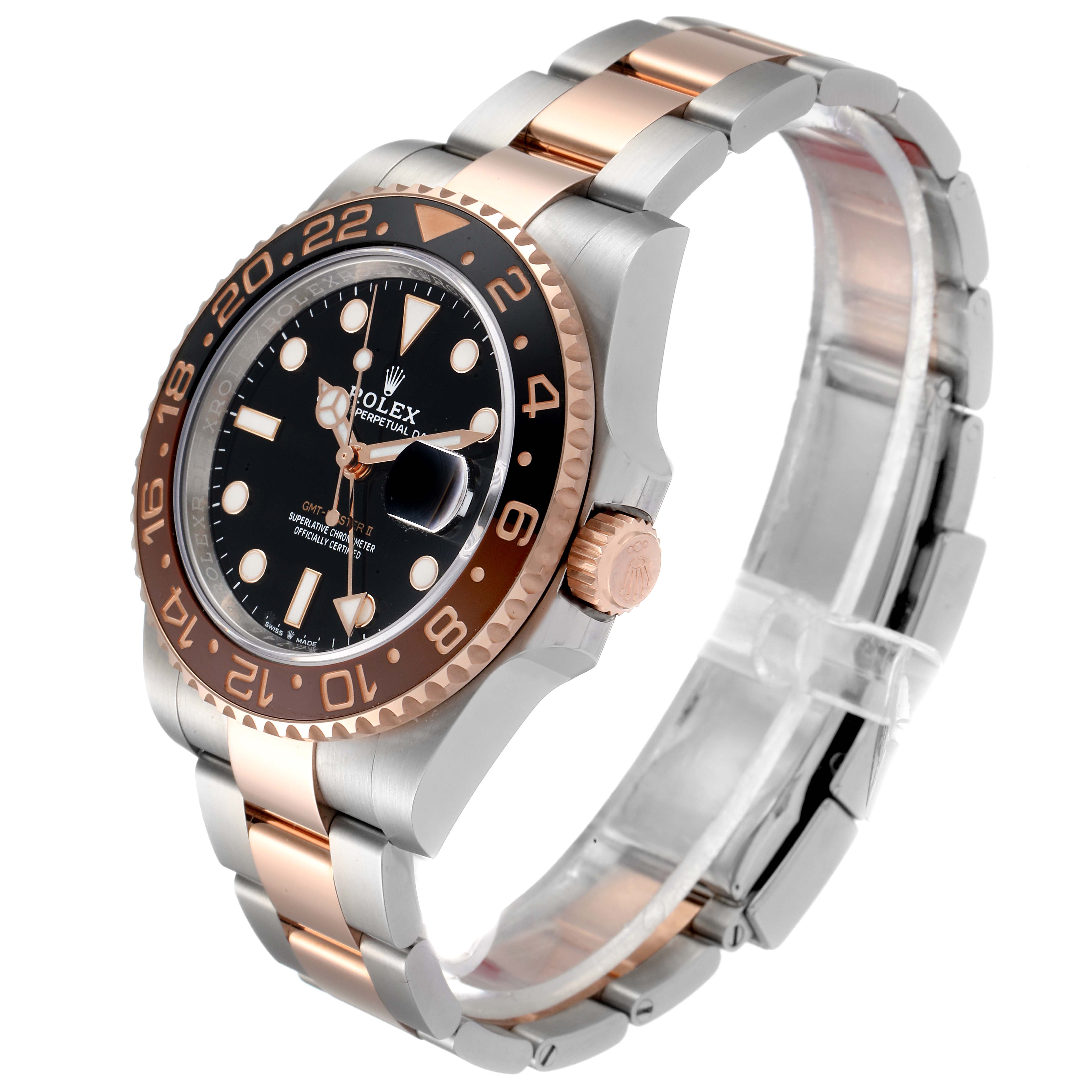 The Rolex GMT-Master 126711 Men
s Steel and Gold (two tone) Black Dial 126711 Men
s Steel and Gold (two tone) Black Dial watch is shown at a three-quarter high angle, highlighting its bezel, dial, crown, and bracelet.