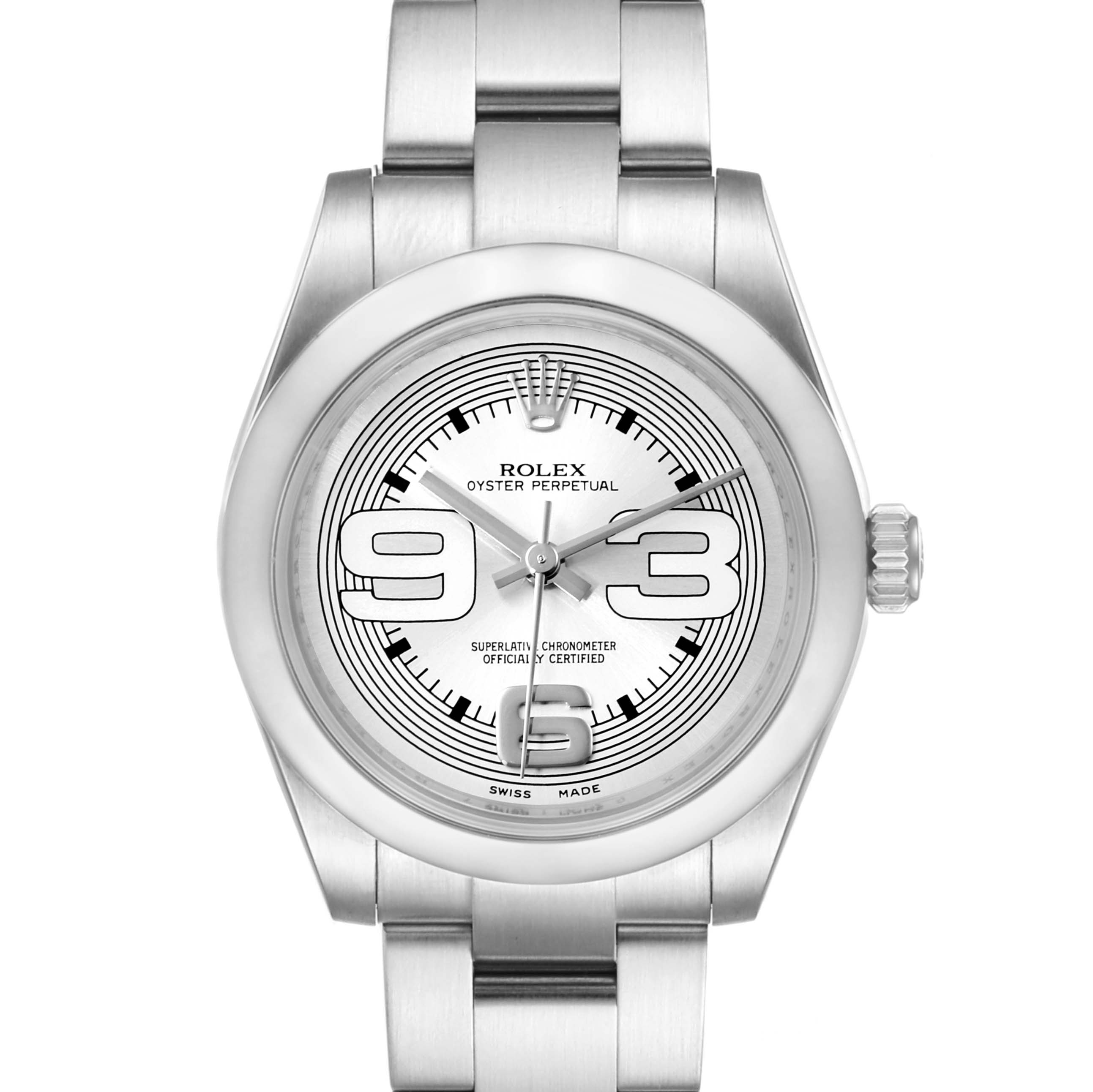 Front view of a Rolex Oyster Perpetual Mid-Size watch, showing the dial, bracelet, and crown.