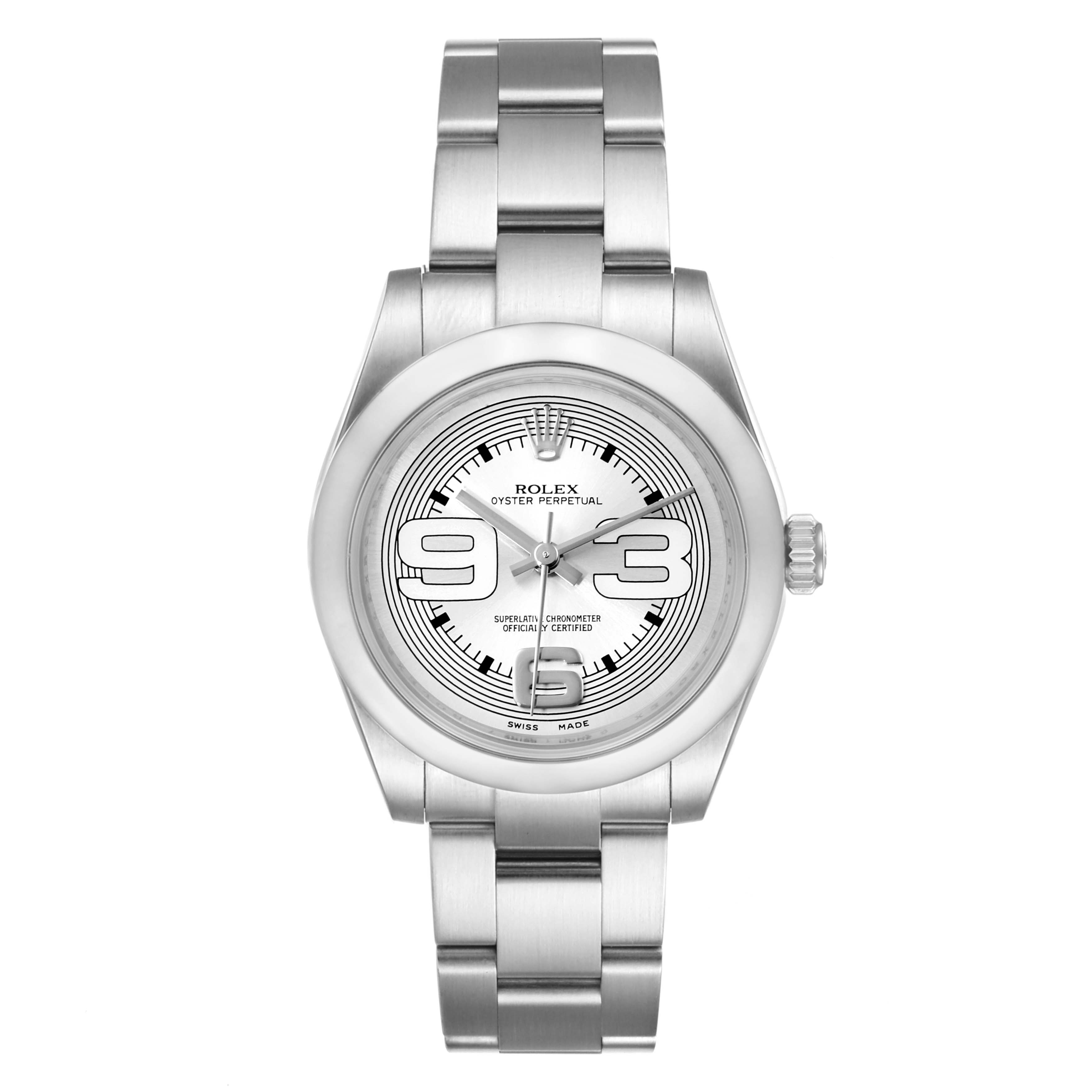 This is a head-on view of a Rolex Oyster Perpetual Mid-Size watch displaying its face, bezel, and bracelet.