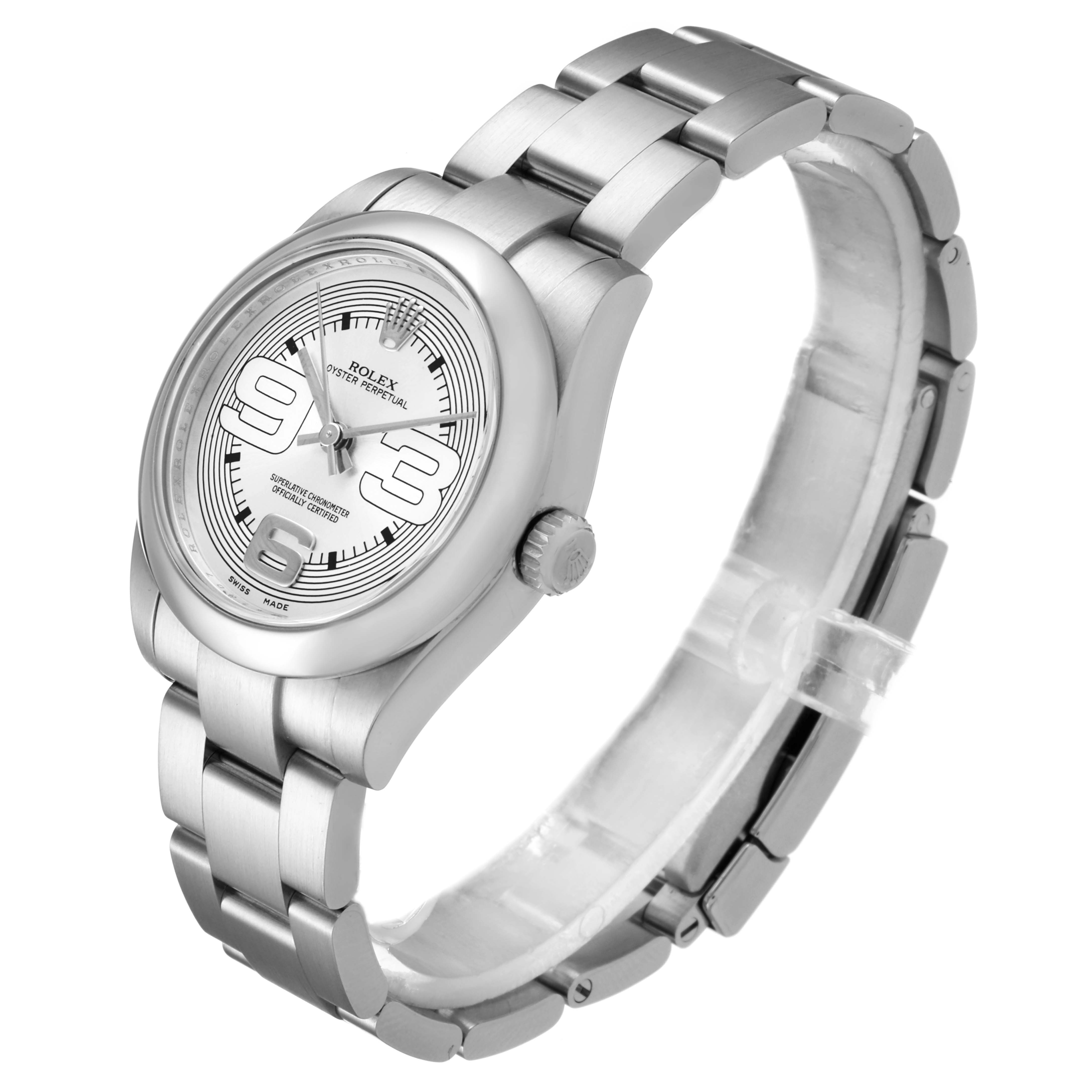 The image shows a side angle view of a Rolex Mid-Size 177200 Women
s Stainless Steel Silver Dial 177200 Women
s Stainless Steel Silver Dial model, highlighting its silver bracelet and dial.